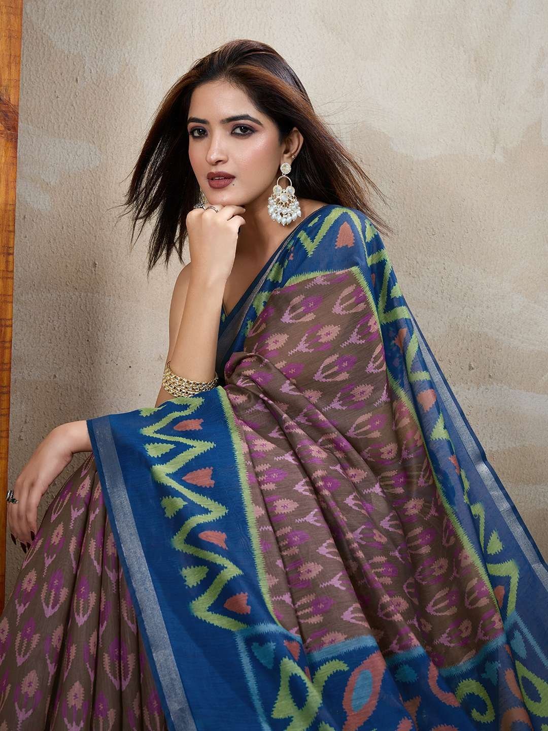 Brown & Blue Ikat Printed Chanderi Saree ? Elegant Traditional & Festive Wear