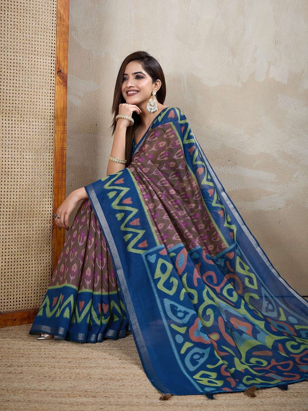 Brown & Blue Ikat Printed Chanderi Saree ? Elegant Traditional & Festive Wear