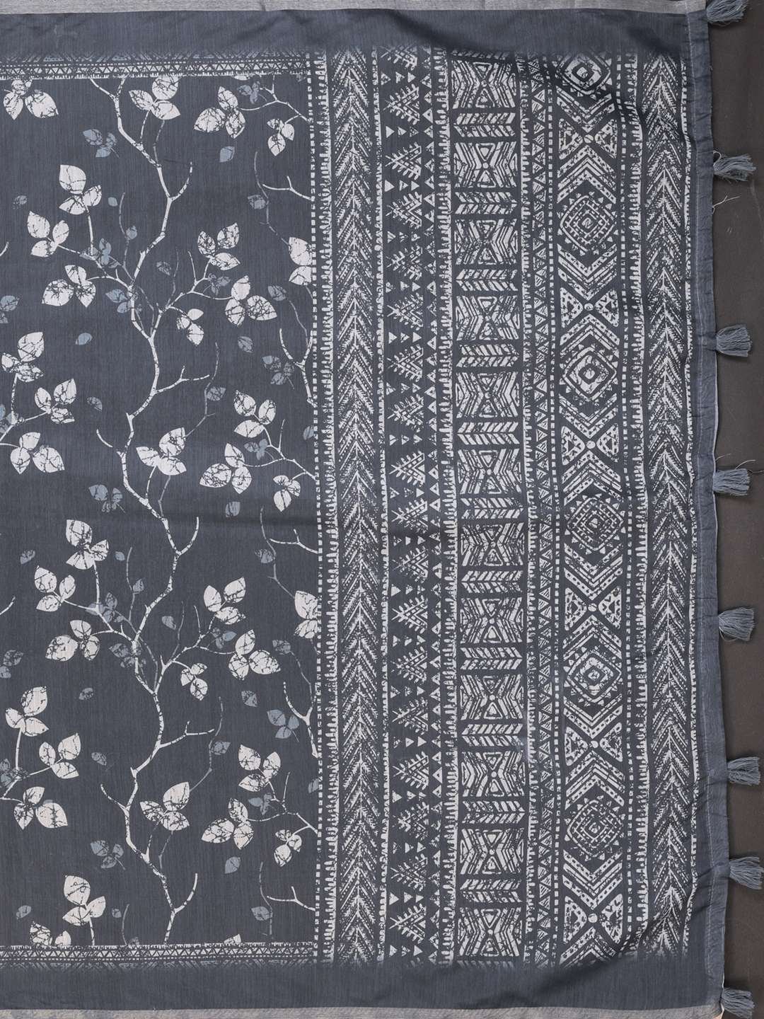 Charcoal Grey Chanderi Saree with Elegant White Floral Prints ? Perfect Festive & Wedding Wear