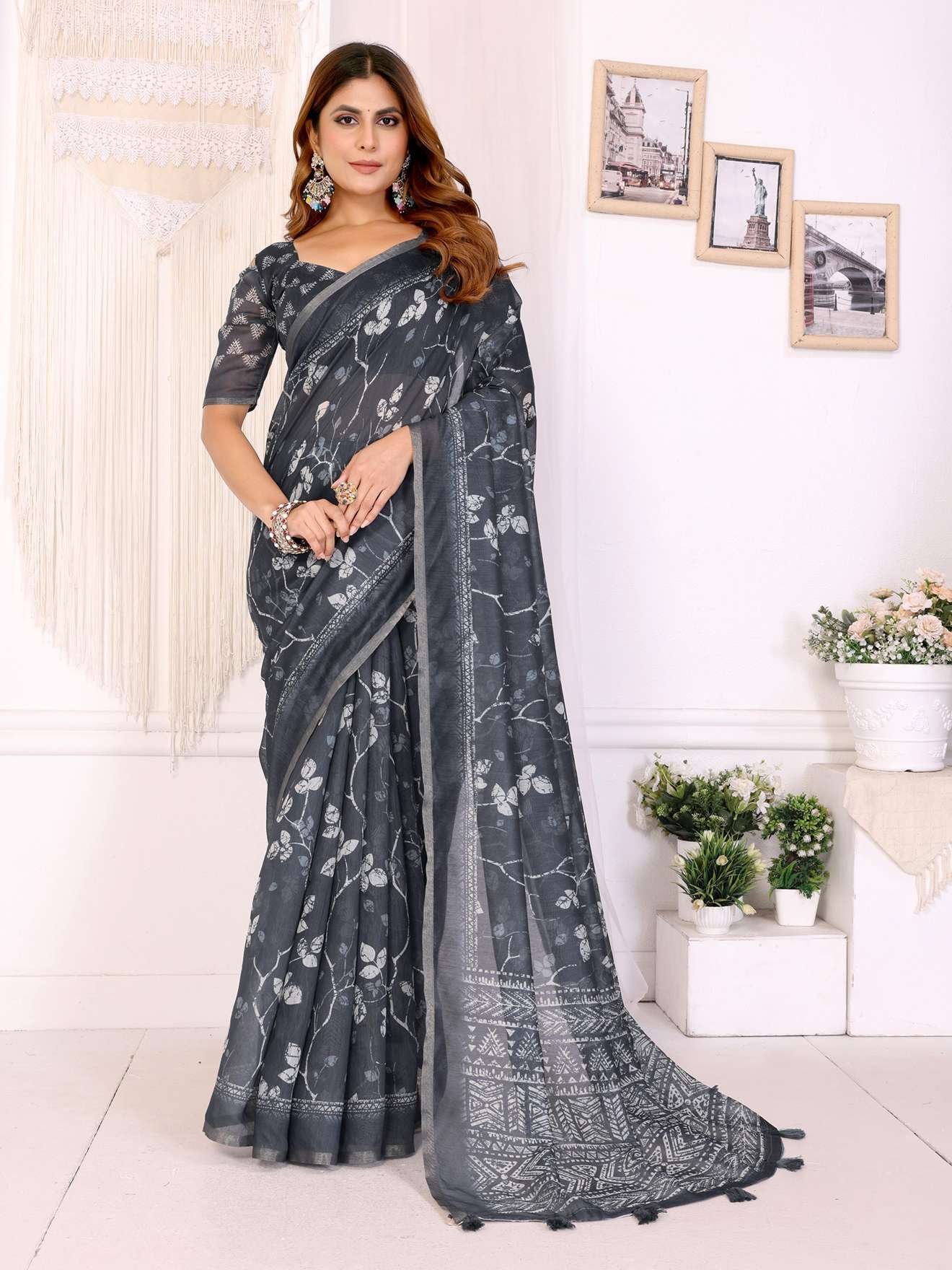 Charcoal Grey Chanderi Saree with Elegant White Floral Prints ? Perfect Festive & Wedding Wear