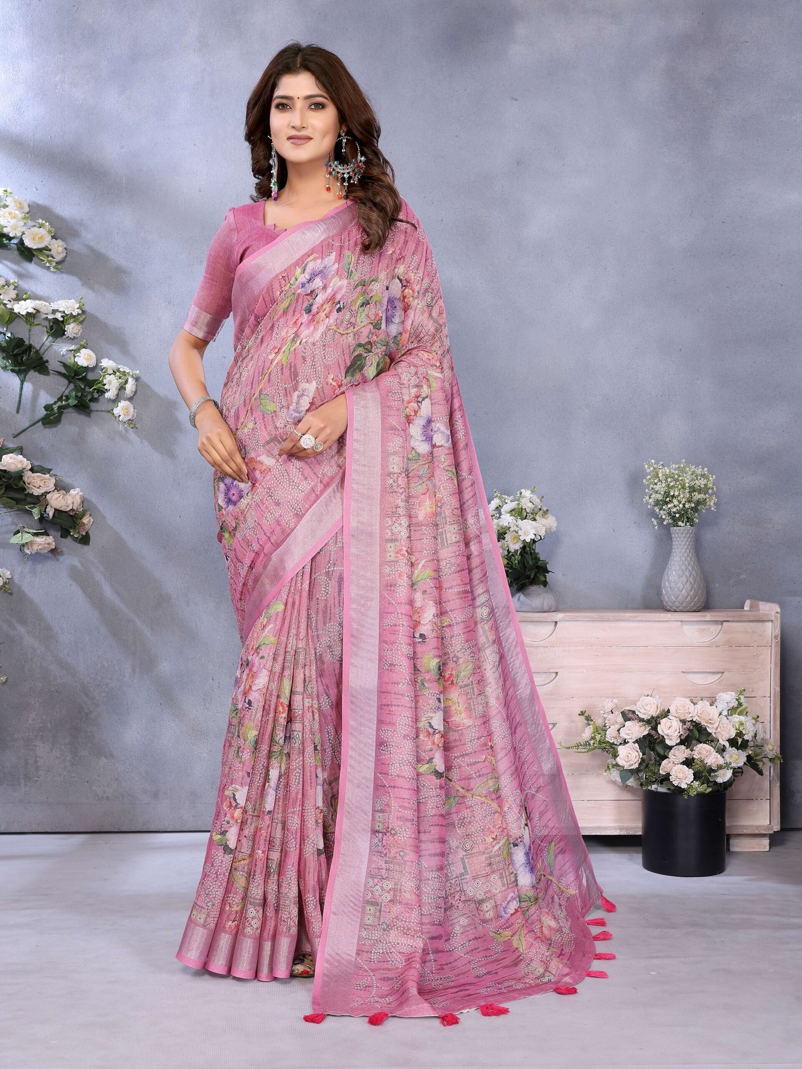 Charming Pink Floral Printed Linen Saree