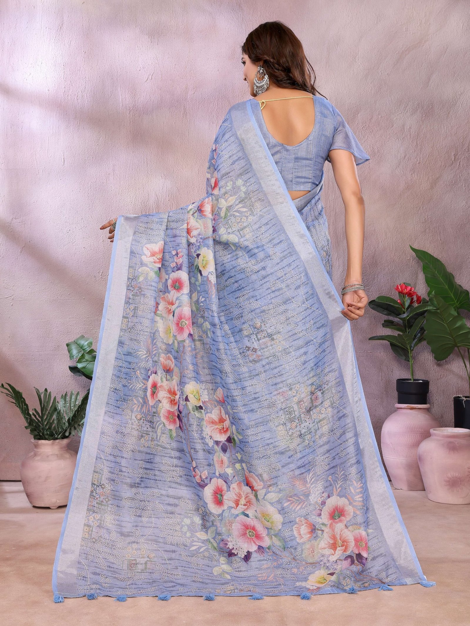 Charming Sky Blue Floral Printed Linen Shimmer Saree with Woven Motifs