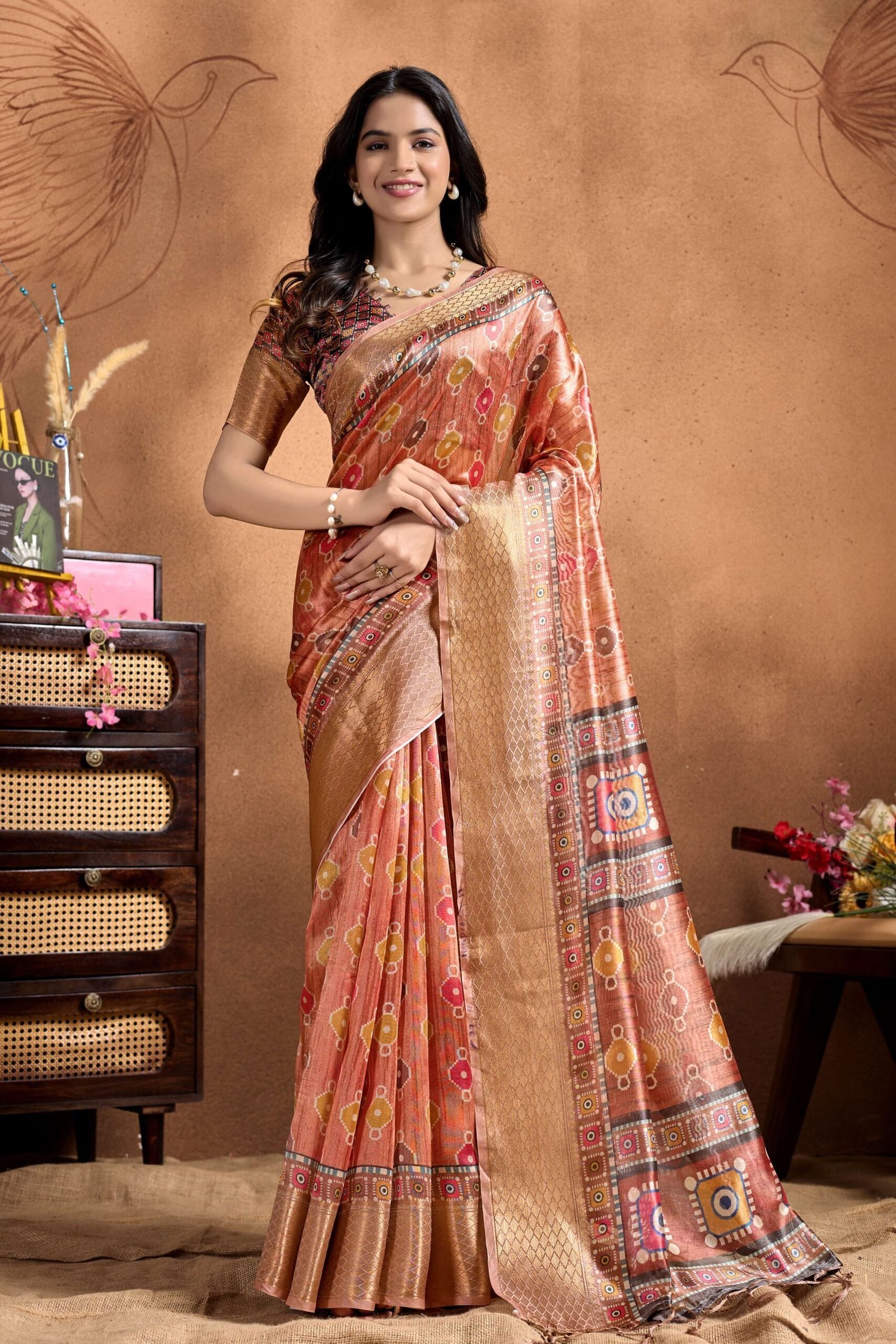 Copper-Rose Soft Silk Saree with Geometric Patola-Inspired Pallu & Zari Border
