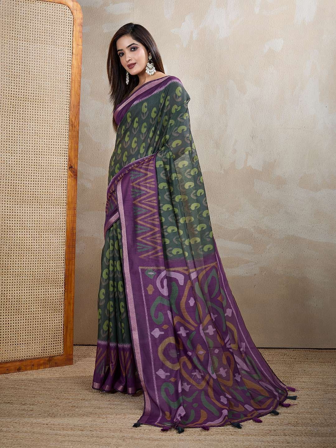 Dark Green & Purple Ikat Printed Chanderi Saree ? Festive & Wedding Wear