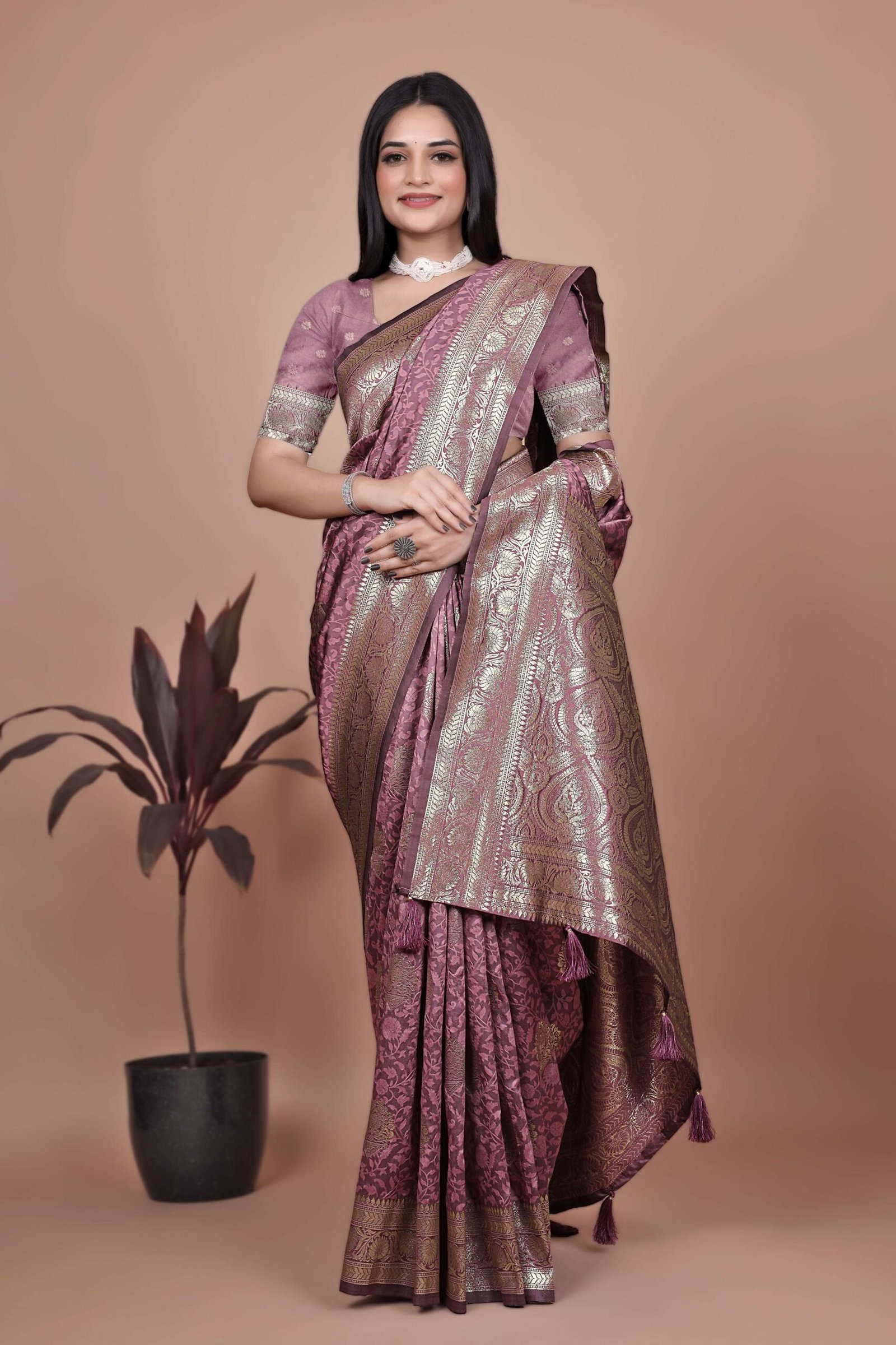 Dusty Rose Banarasi Silk Saree with Gold Zari Butti | Regal Pallu & Ornate Border | Wedding, Festival & Traditional Wear