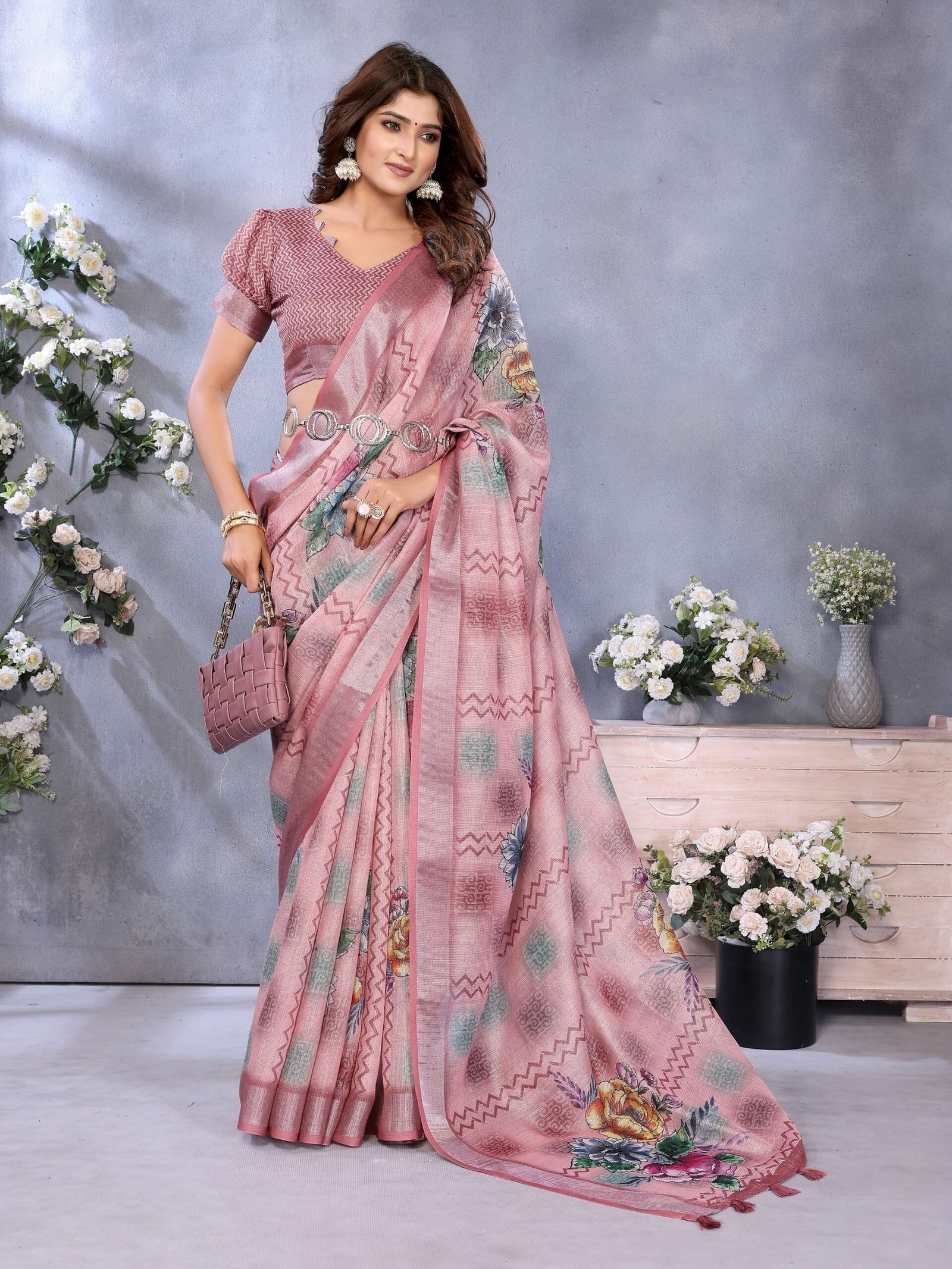 Dusty Rose Floral Printed Linen Saree