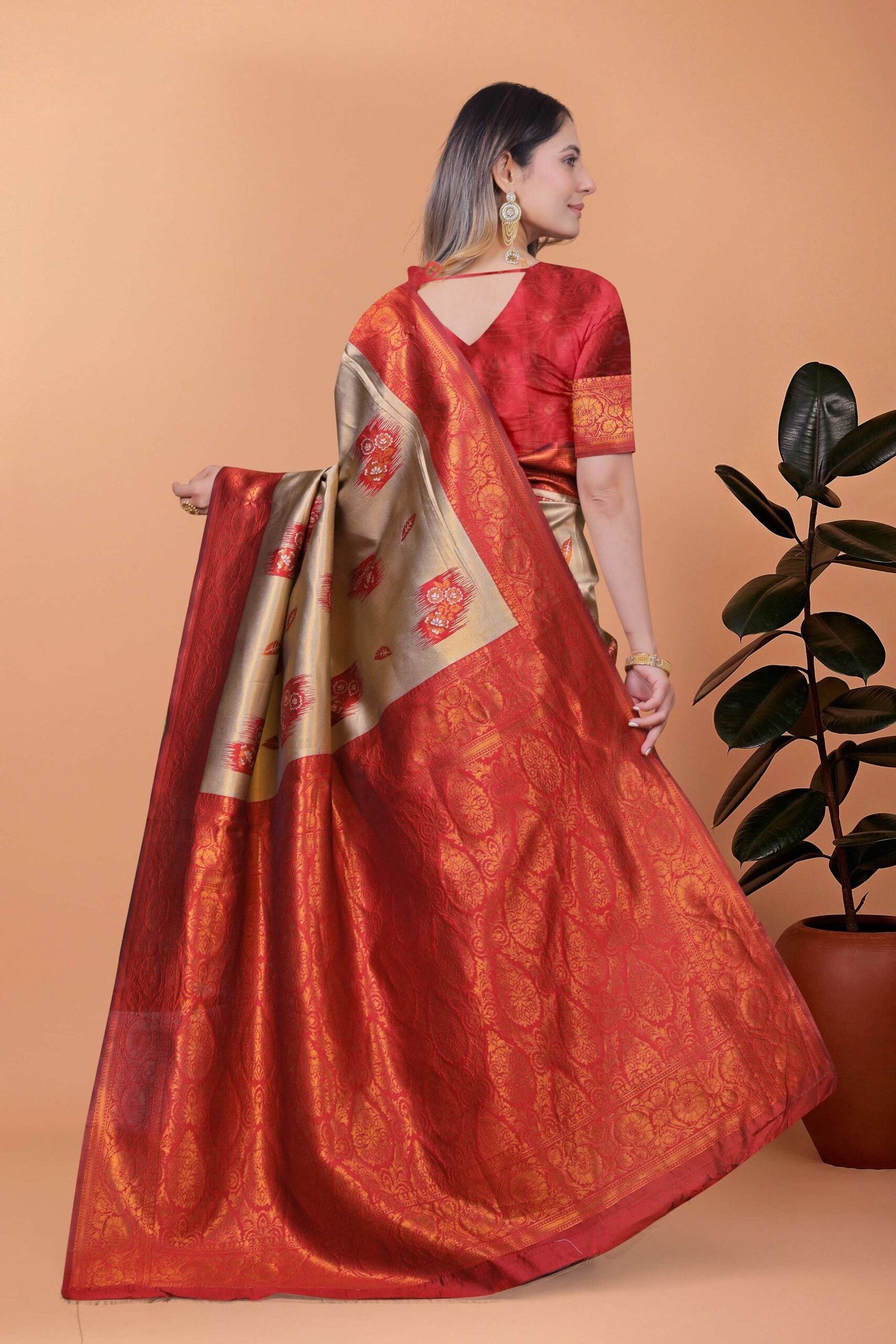 Elegant Beige-Gold Banarasi Silk Saree with Rust-Red Zari Border & Blouse | Wedding, Festival & Party Ethnic Wear