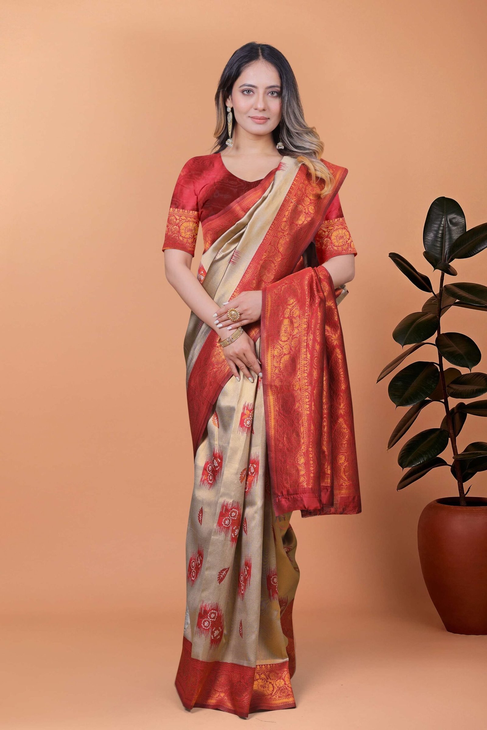Elegant Beige-Gold Banarasi Silk Saree with Rust-Red Zari Border & Blouse | Wedding, Festival & Party Ethnic Wear