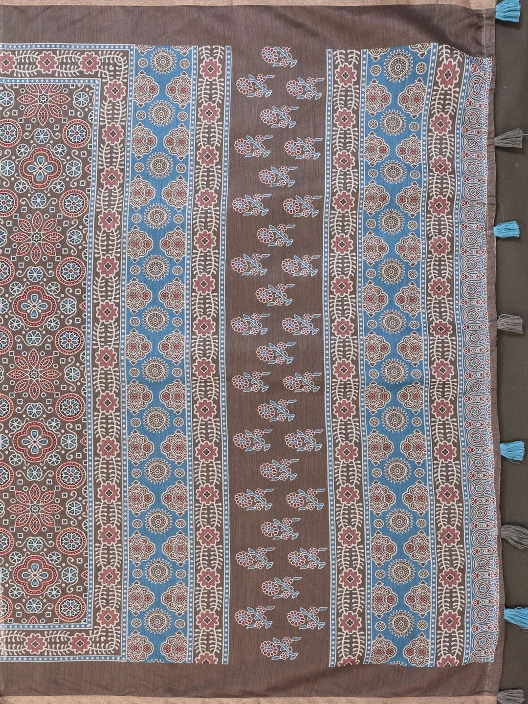 Elegant Brown Chanderi Saree with Ethnic Floral & Block Print ? Timeless Char
