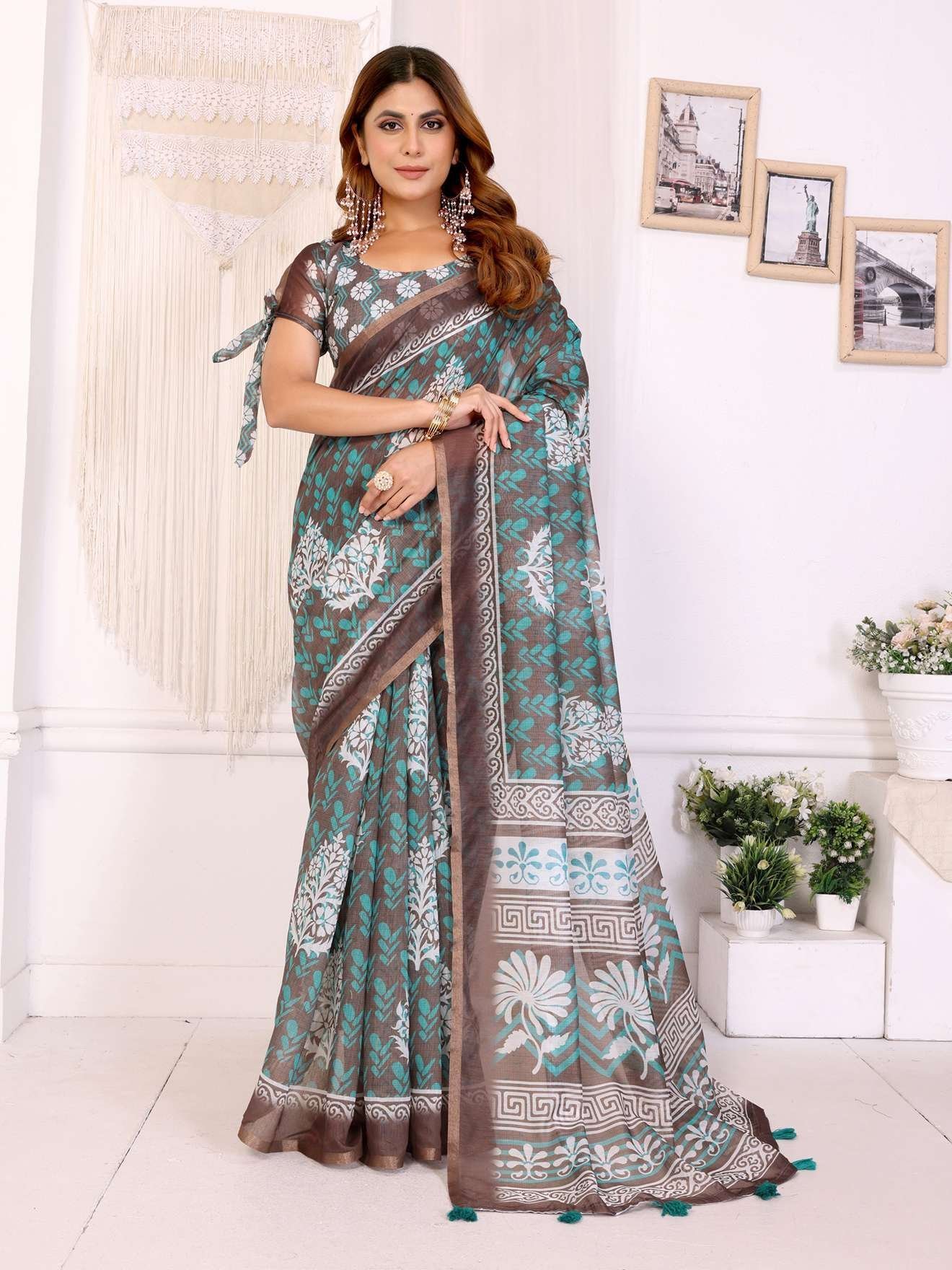 Elegant Brown Chanderi Saree with Floral & Geometric Digital Print ? Trendy Ethnic Wear