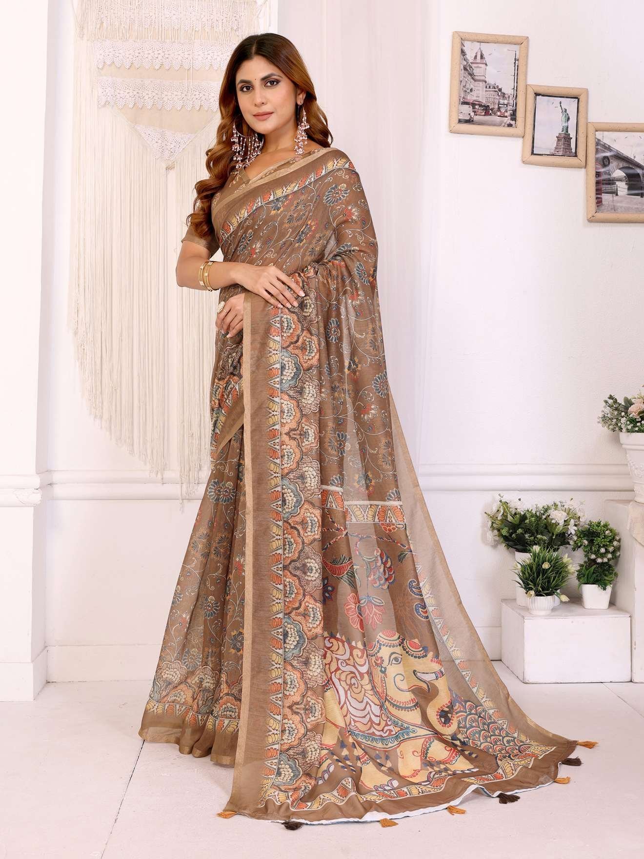 Elegant Coffee Brown Chanderi Saree with Ethnic & Floral Digital Prints ? Festive & Classic