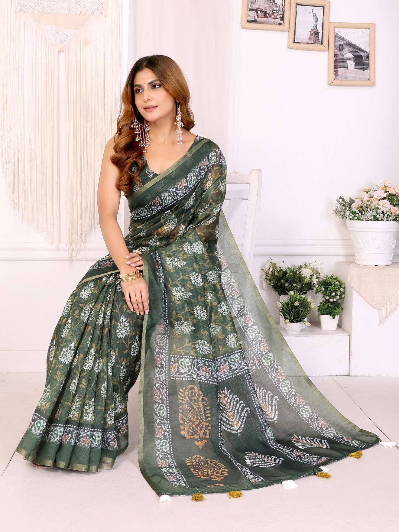 Elegant Deep Olive Green Chanderi Saree with Pastel Digital Floral Print ? Festive & Stylish