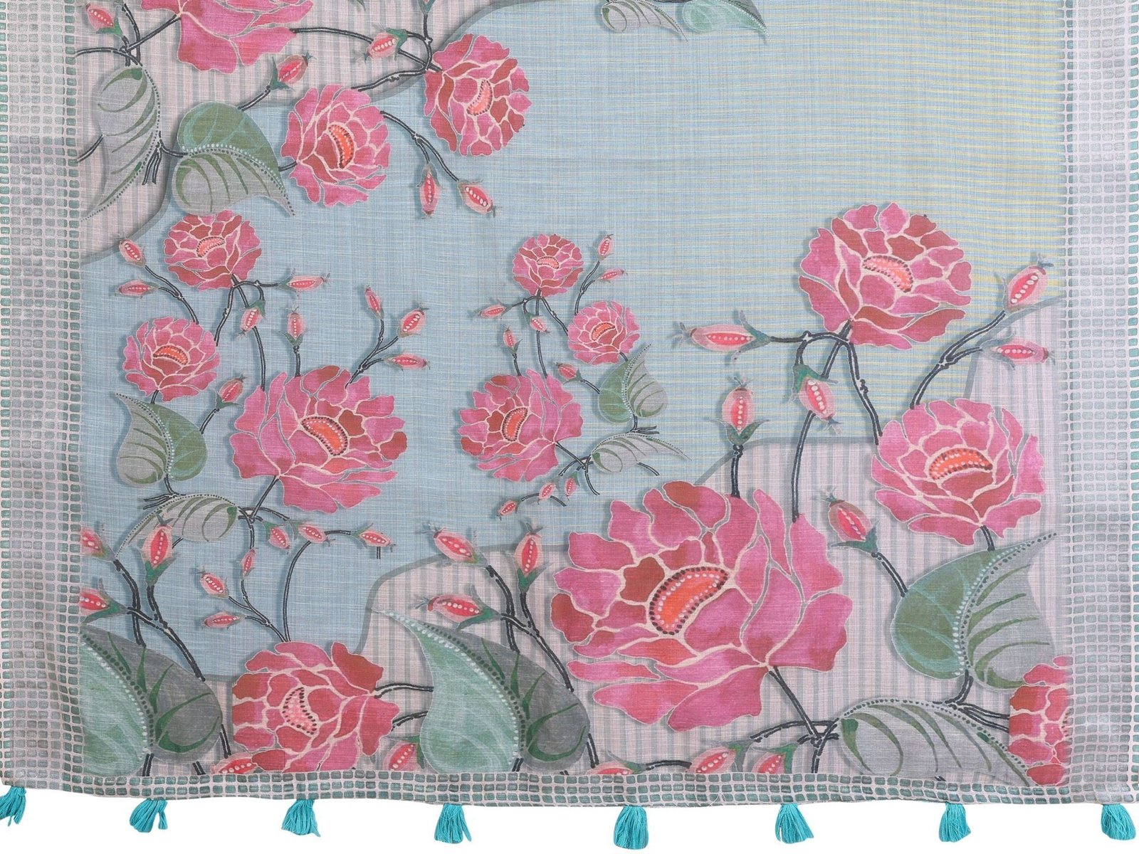 Elegant Grey-Blue Linen Cotton Saree with Bold Pink Floral Prints & Checked Tassel Border