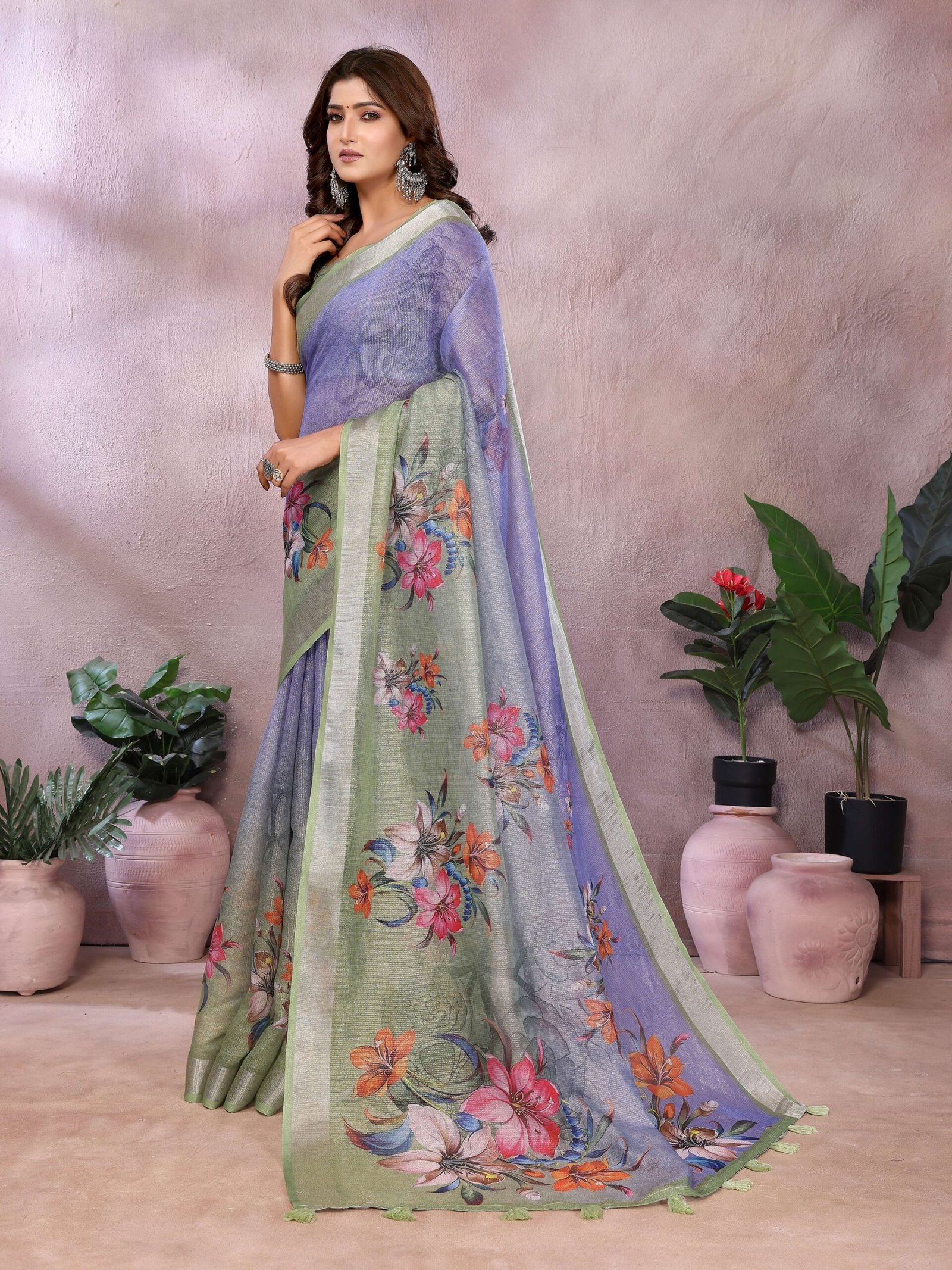 Elegant Lavender Green Floral Printed Linen Shimmer Saree