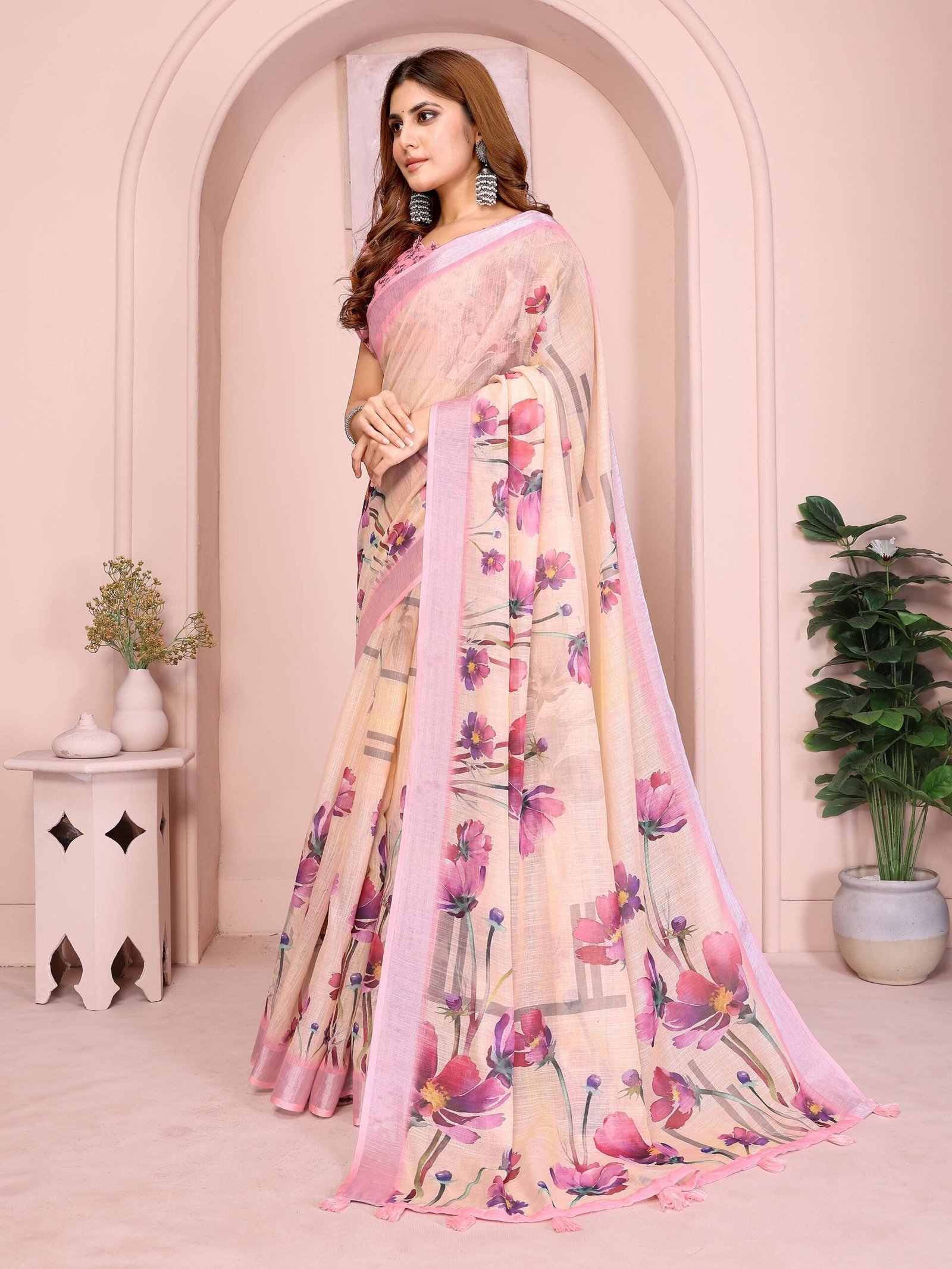 Elegant Linen Cotton Saree ? Beige Blooming Floral Print with Soft Pink Border