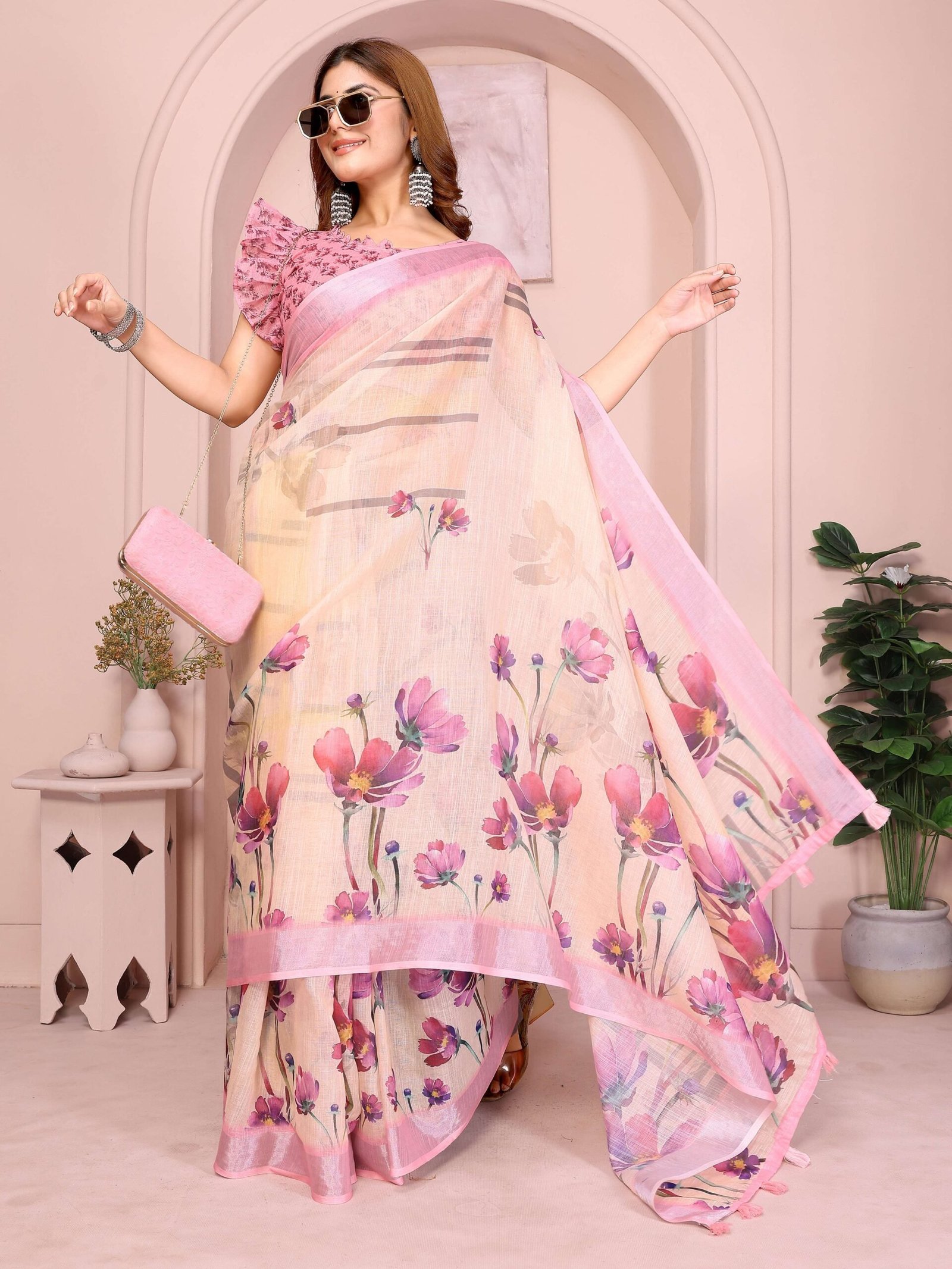Elegant Linen Cotton Saree ? Beige Blooming Floral Print with Soft Pink Border