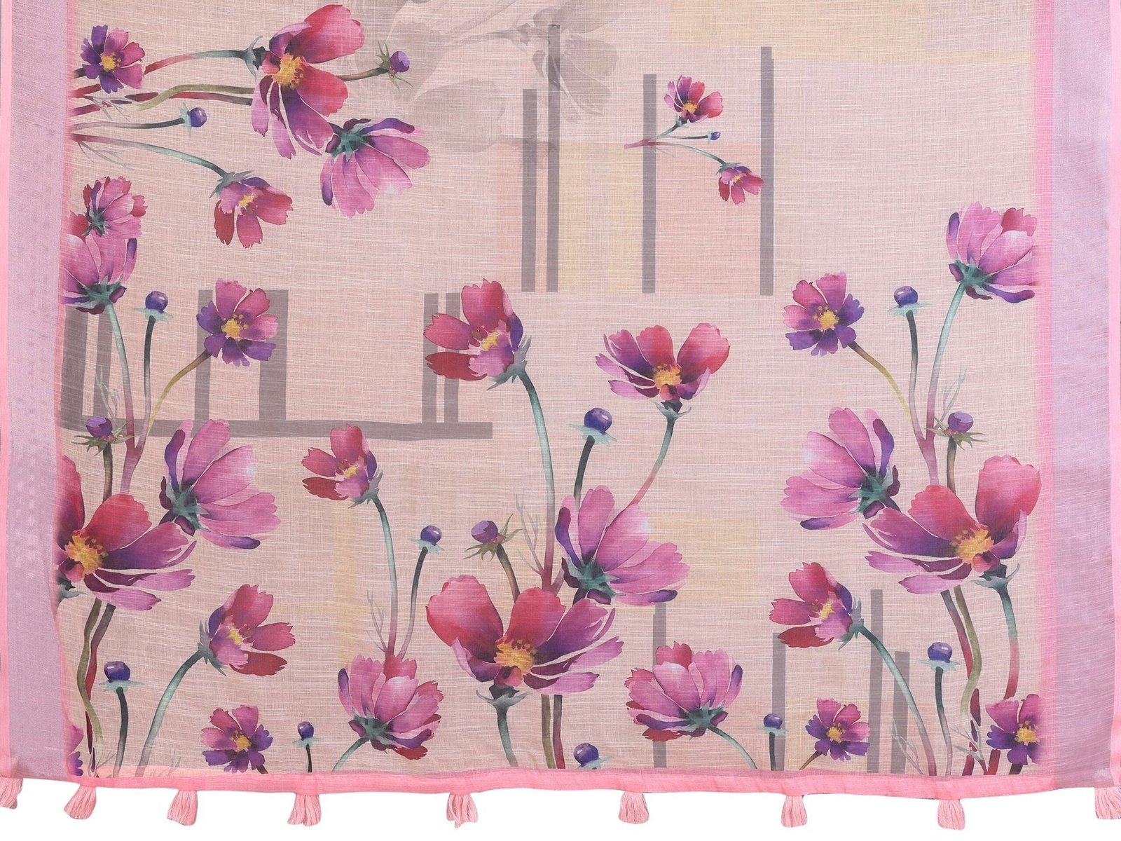 Elegant Linen Cotton Saree ? Beige Blooming Floral Print with Soft Pink Border
