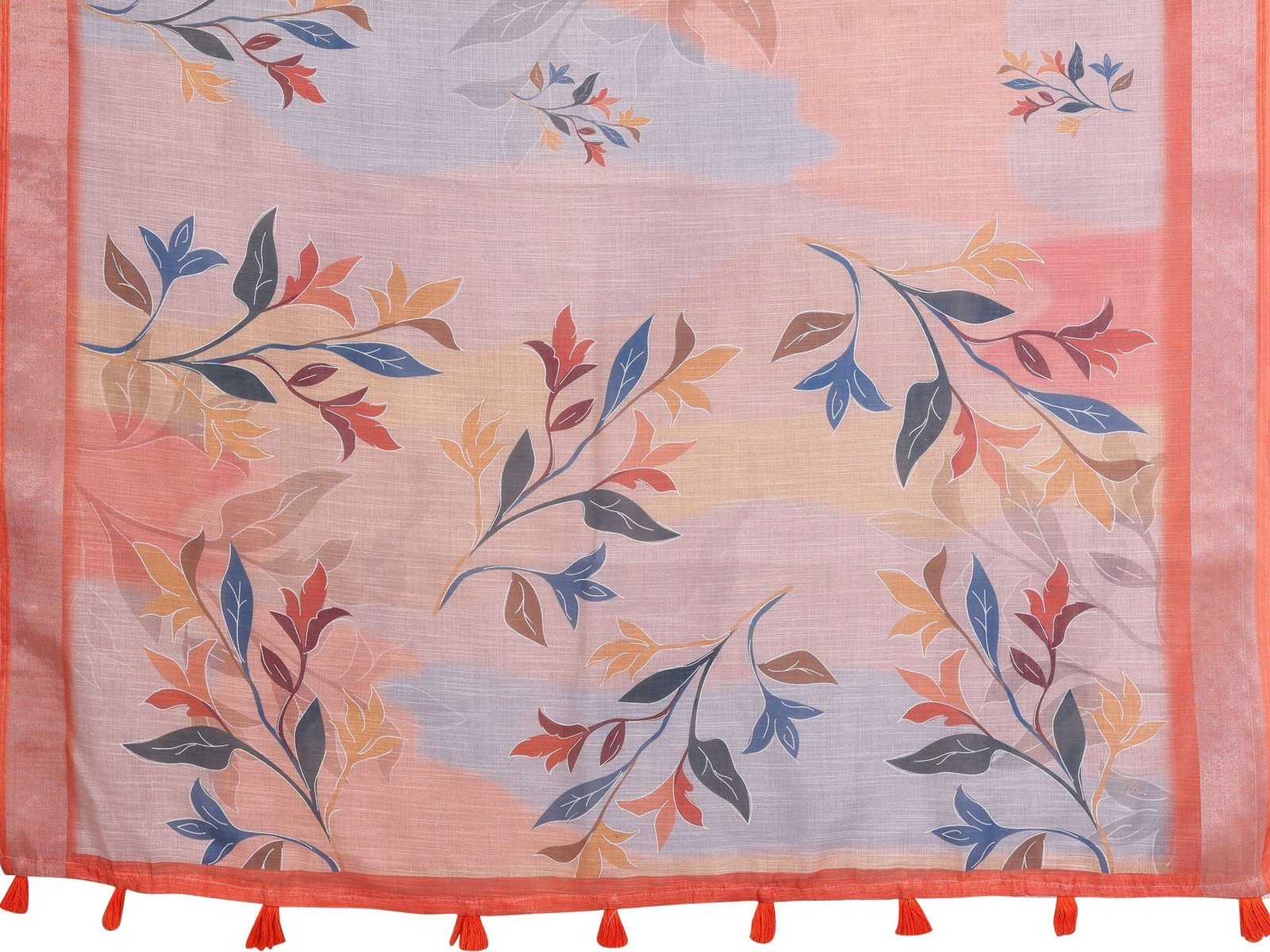 Elegant Linen Cotton Saree ? Pastel Grey with Coral Leaf Motifs & Tassel Border
