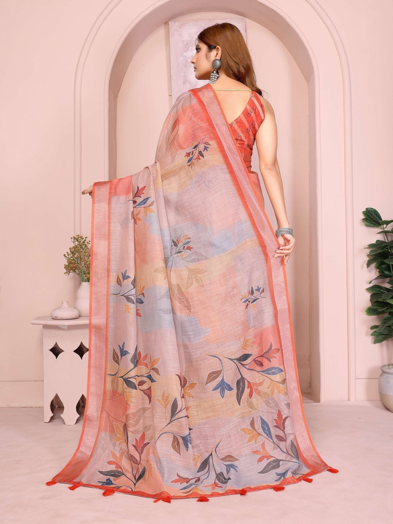 Elegant Linen Cotton Saree ? Pastel Grey with Coral Leaf Motifs & Tassel Border