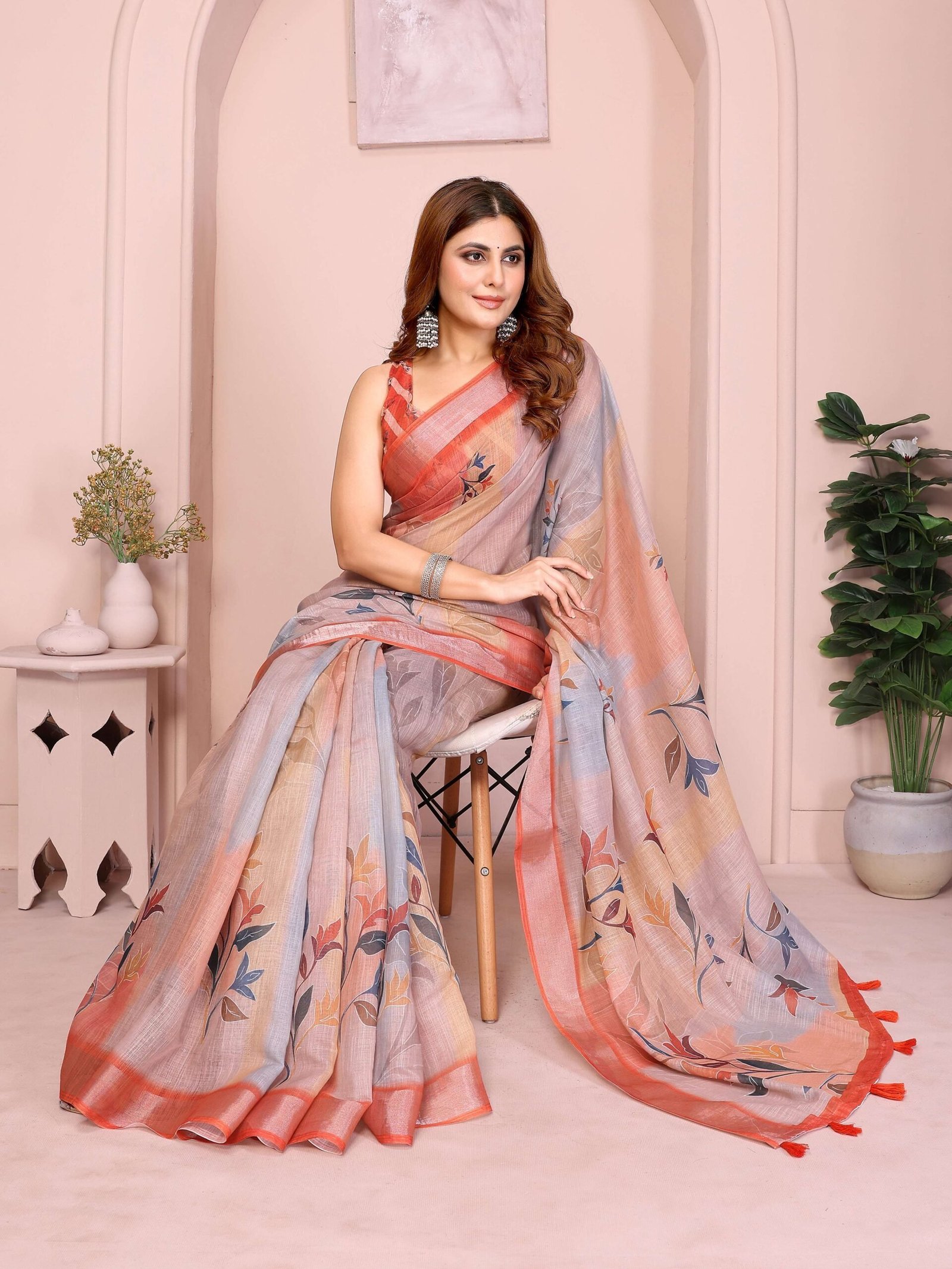 Elegant Linen Cotton Saree ? Pastel Grey with Coral Leaf Motifs & Tassel Border