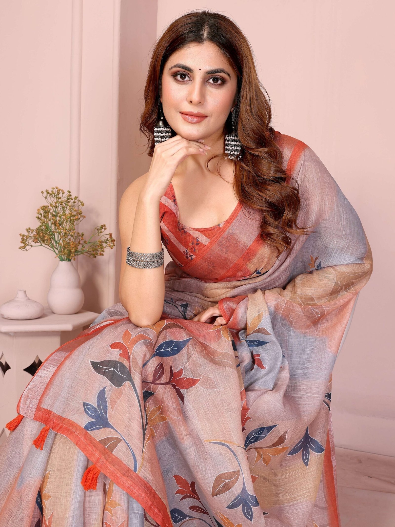 Elegant Linen Cotton Saree ? Pastel Grey with Coral Leaf Motifs & Tassel Border