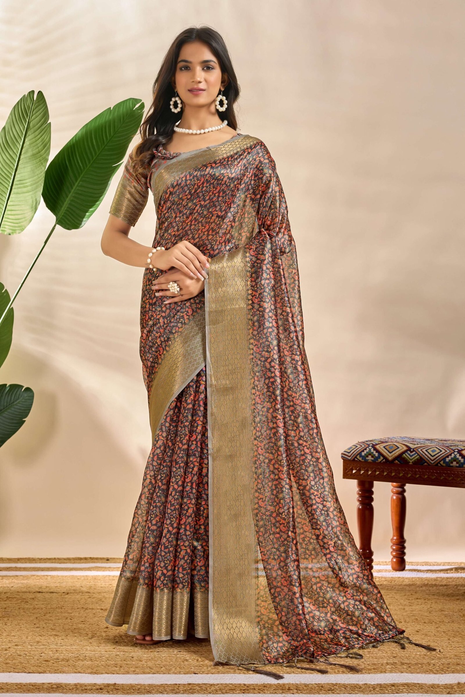 Elegant Soft Silk Blend Saree with Floral Print and Zari Border