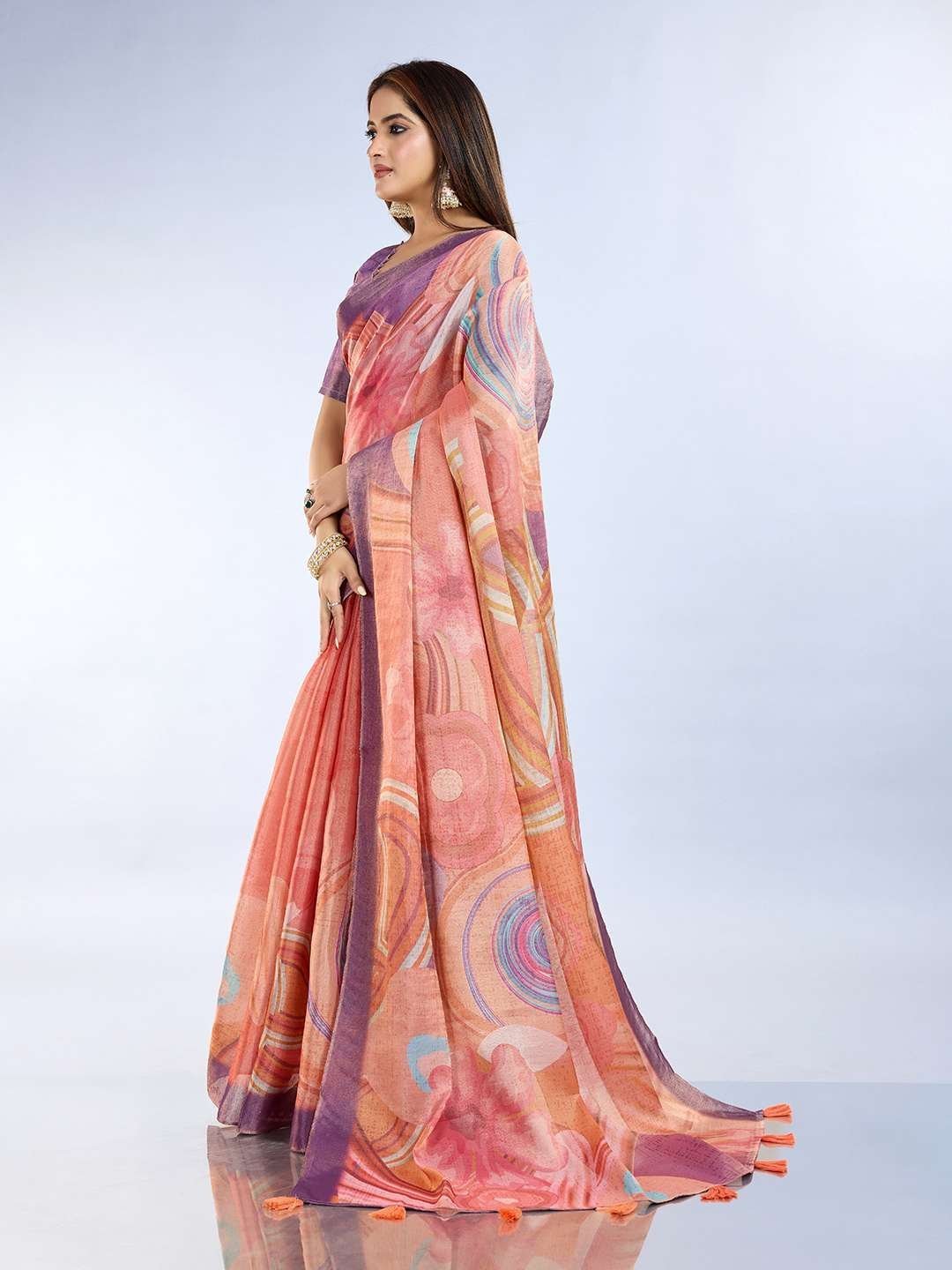 Elegant Teal Green and Mauve Pink Linen Saree with Geometric and Floral Prints