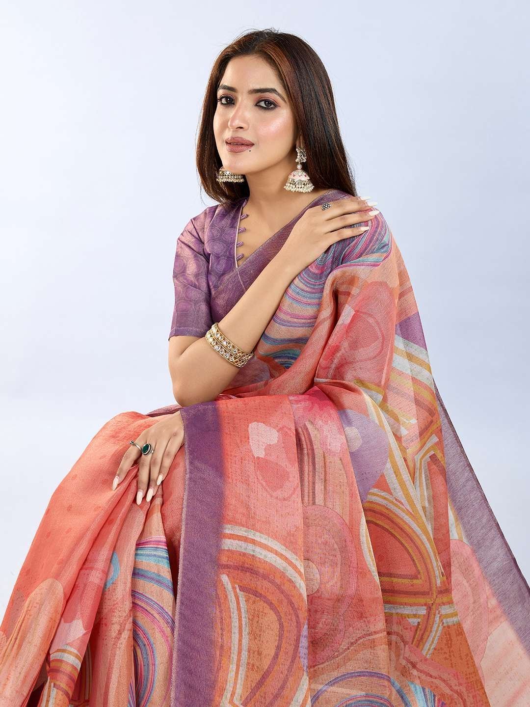Elegant Teal Green and Mauve Pink Linen Saree with Geometric and Floral Prints