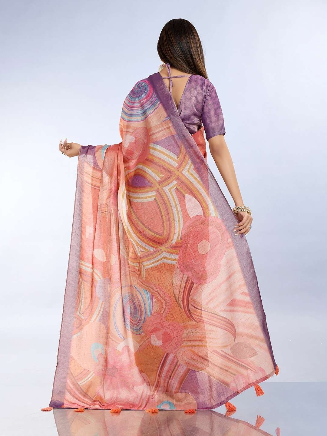 Elegant Teal Green and Mauve Pink Linen Saree with Geometric and Floral Prints