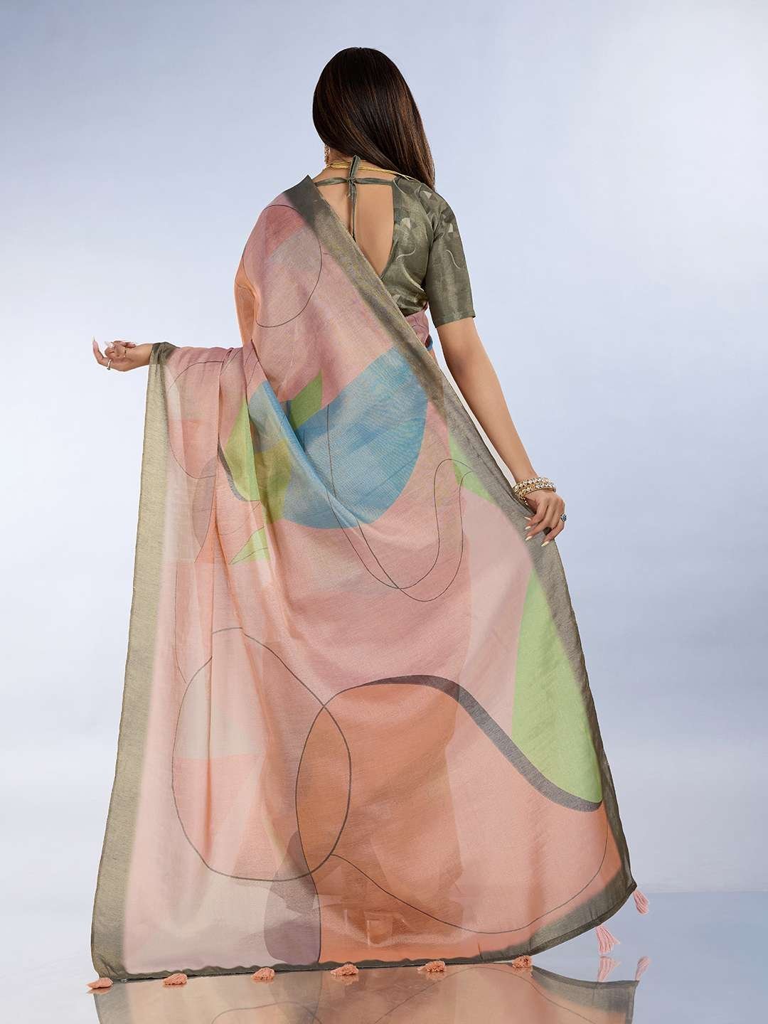 Elegant Teal Green and Mauve Pink Linen Saree with Geometric and Floral Prints