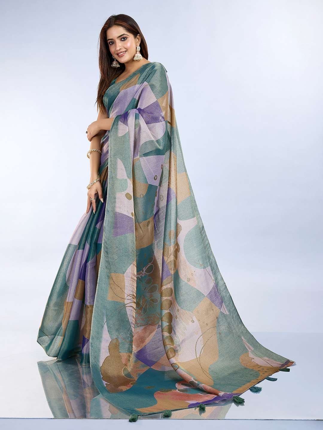 Elegant Teal Green and Mauve Pink Linen Saree with Geometric and Floral Prints
