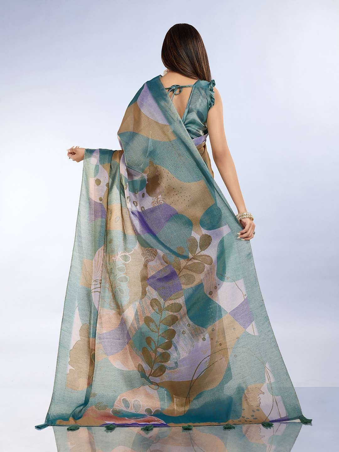 Elegant Teal Green and Mauve Pink Linen Saree with Geometric and Floral Prints