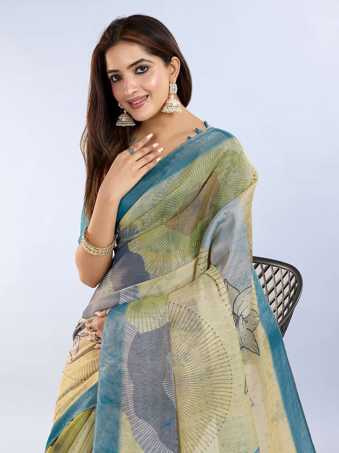 Elegant Teal Green and Mauve Pink Linen Saree with Geometric and Floral Prints