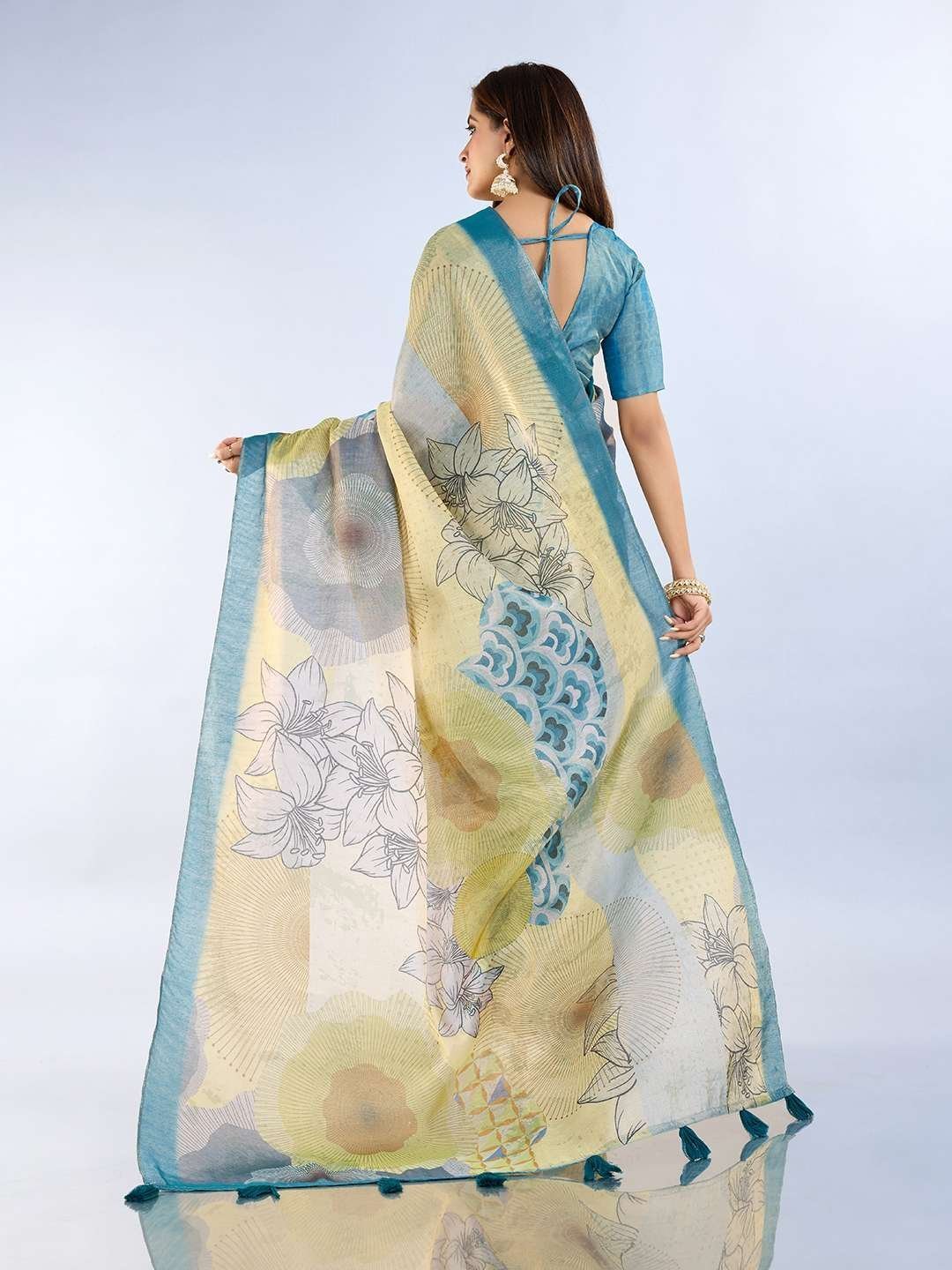 Elegant Teal Green and Mauve Pink Linen Saree with Geometric and Floral Prints