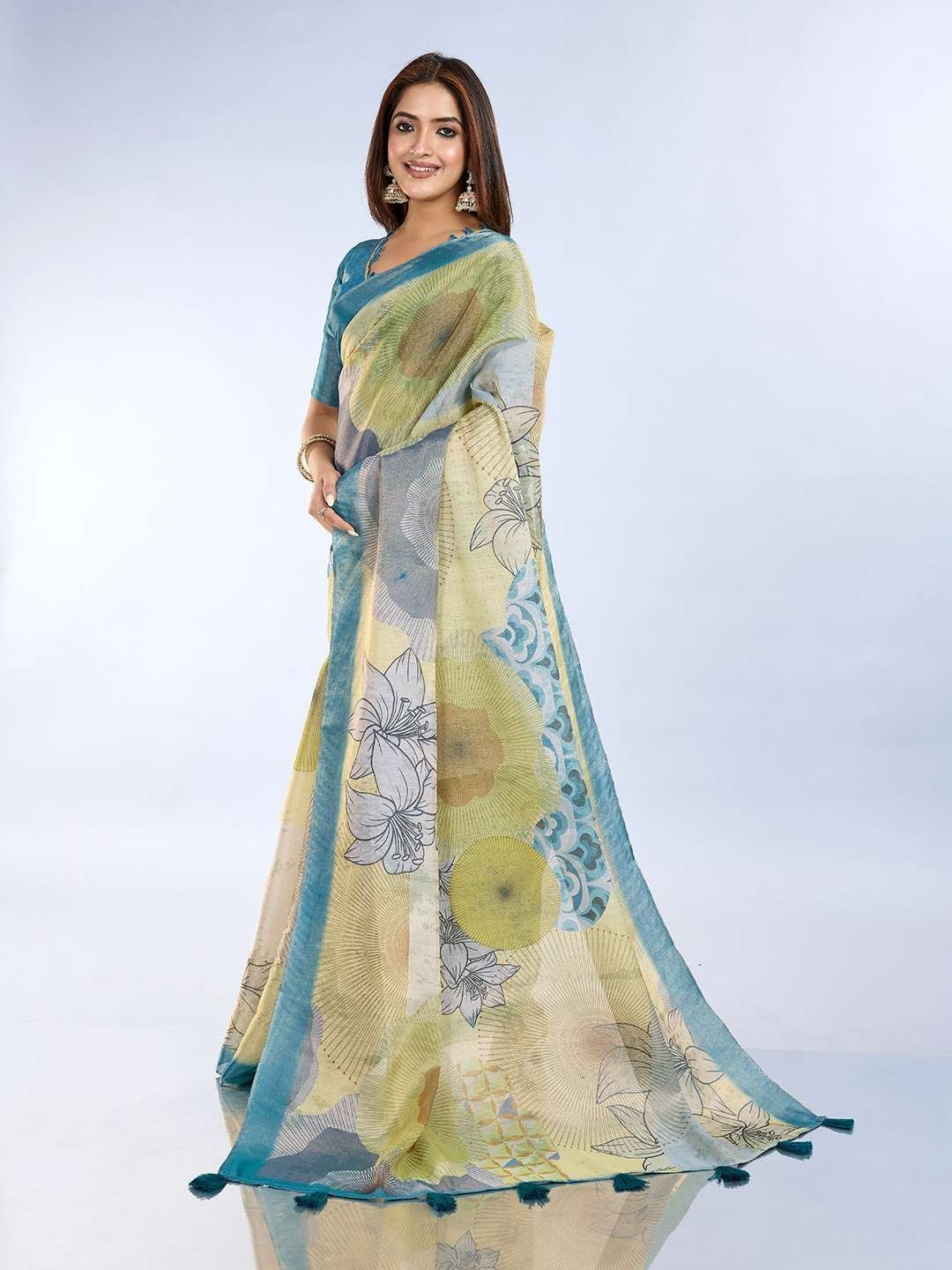 Elegant Teal Green and Mauve Pink Linen Saree with Geometric and Floral Prints