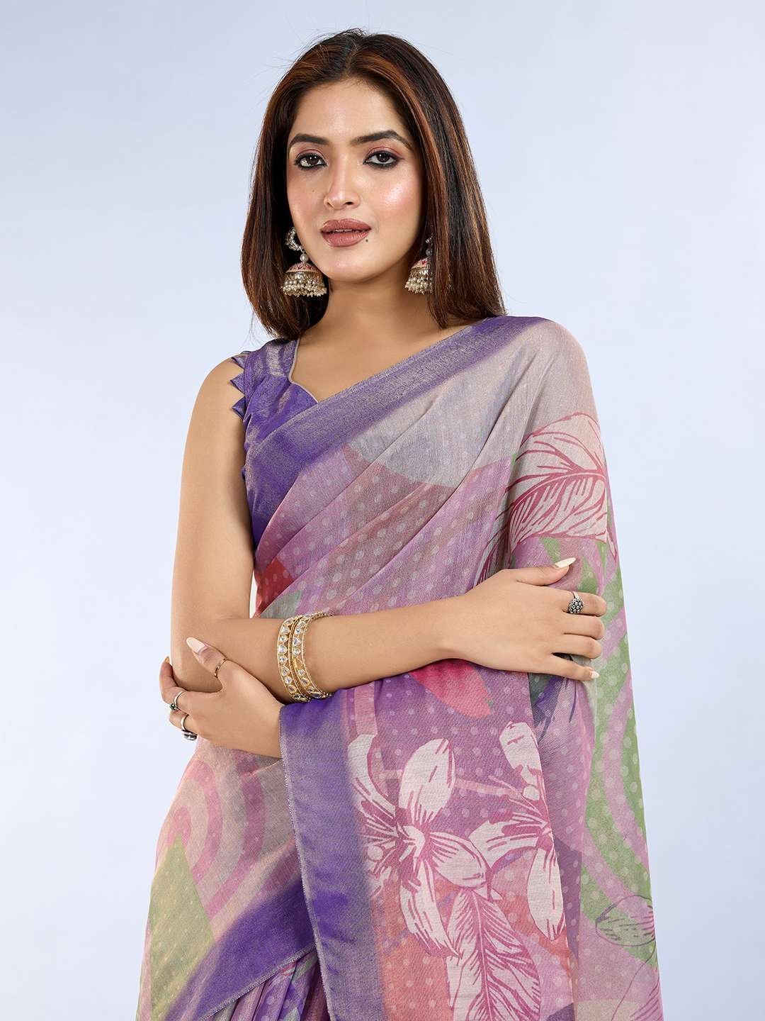 Elegant Teal Green and Mauve Pink Linen Saree with Geometric and Floral Prints