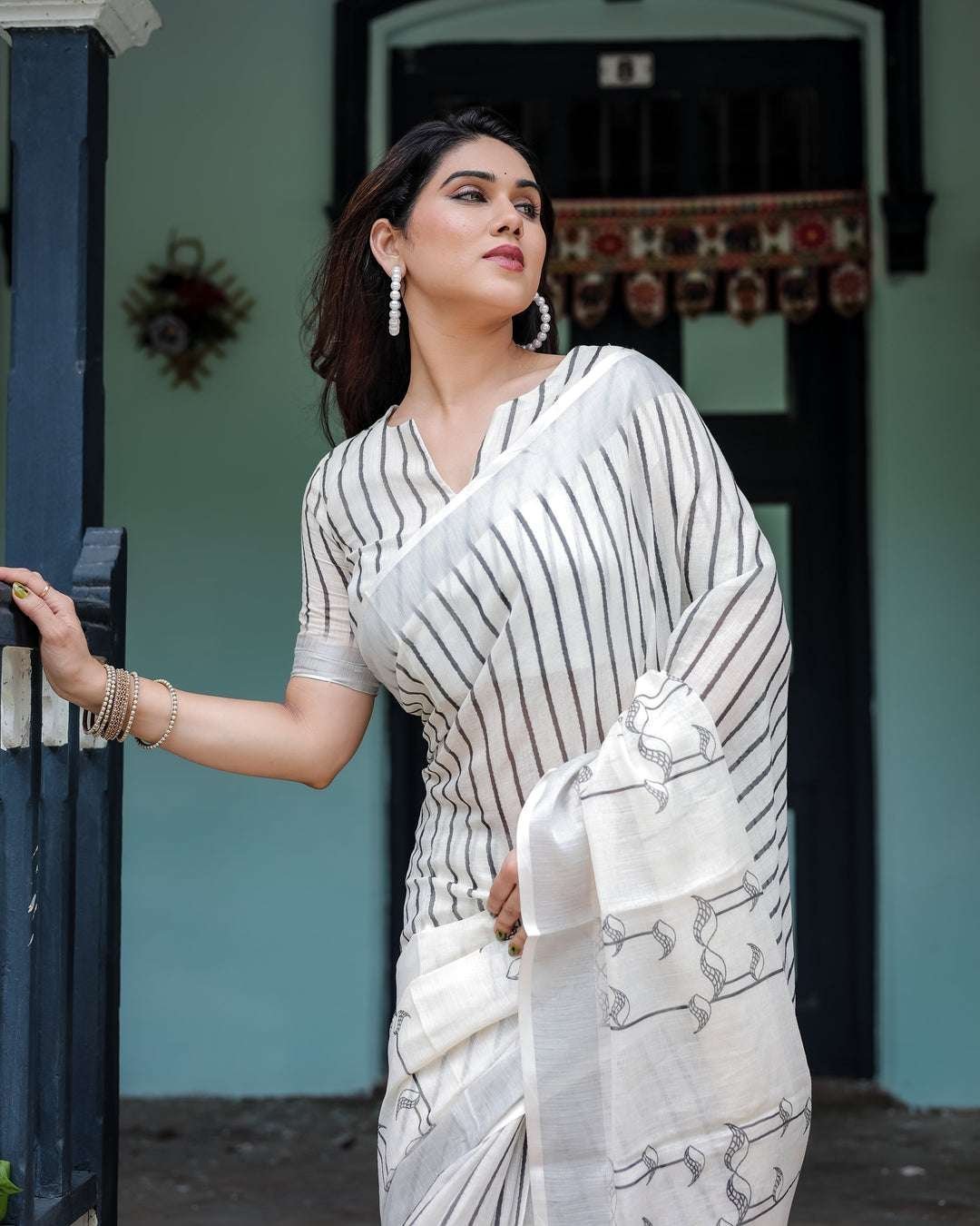 Elegant White Linen Cotton Saree with Black Striped & Arrow Motif