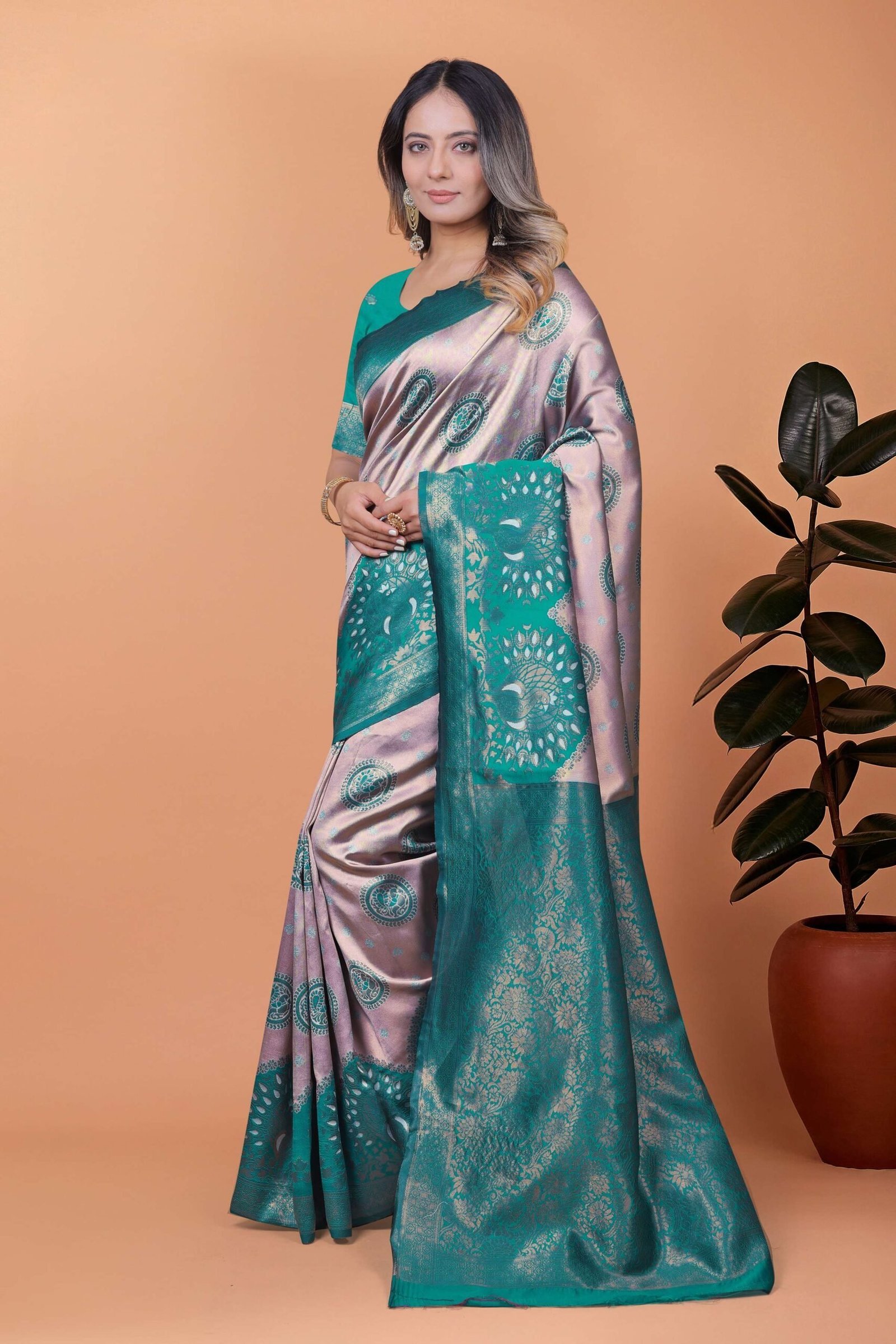 Emerald Elegance Banarasi Silk Saree with Lavender Base, Green Zari Border & Peacock Motifs | Wedding, Festive & Traditional Wear