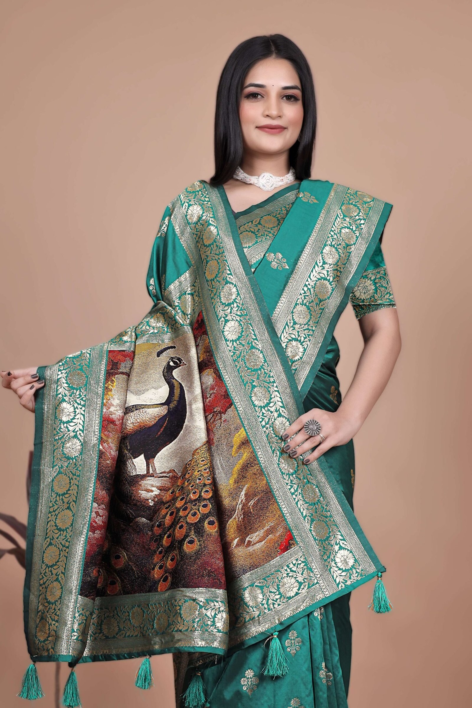 Emerald Green Banarasi Silk Saree with Golden Zari & Peacock Pallu | Wedding, Festive & Traditional Wear