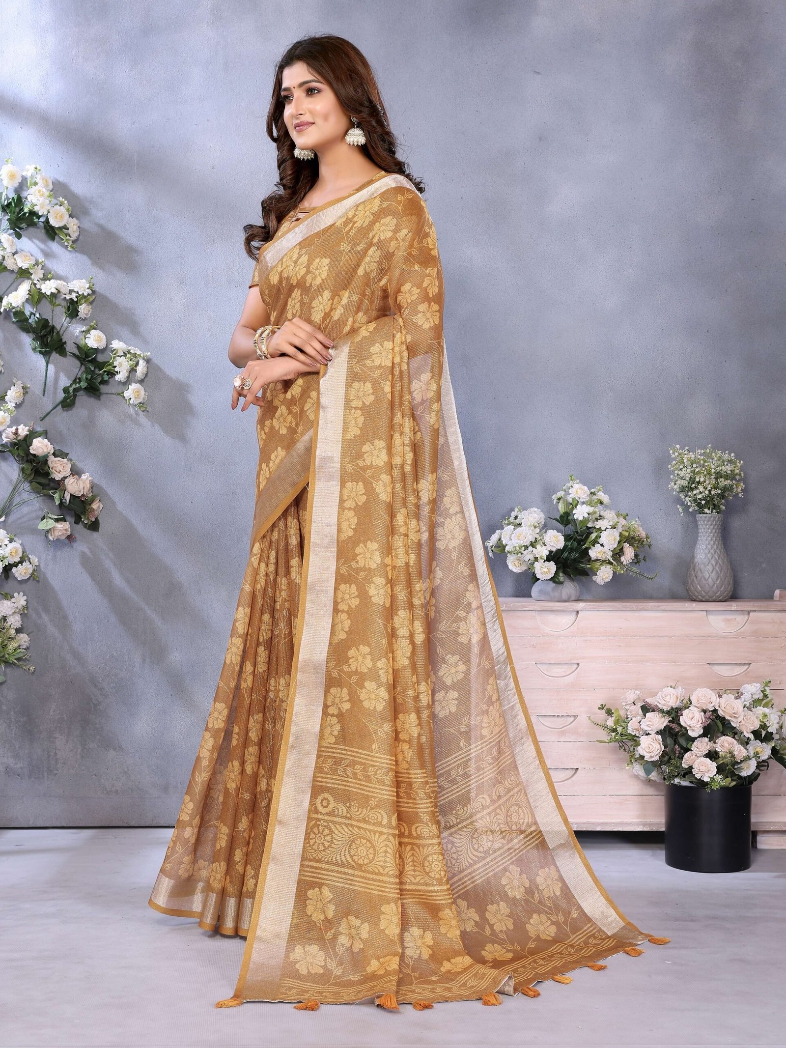 Exquisite Golden Floral Woven Linen Shimmer Saree