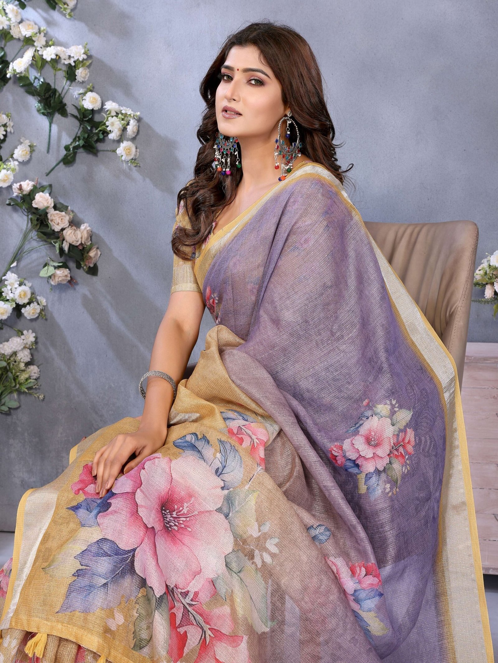 Golden and Lavender Floral Printed Saree with Shimmer