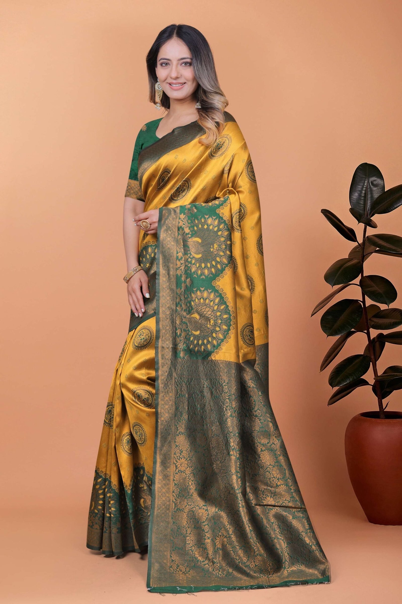 Golden Glow Banarasi Silk Saree with Peacock Zari Motifs & Deep Green Pallu | Wedding, Festive, Traditional Ethnic Wear