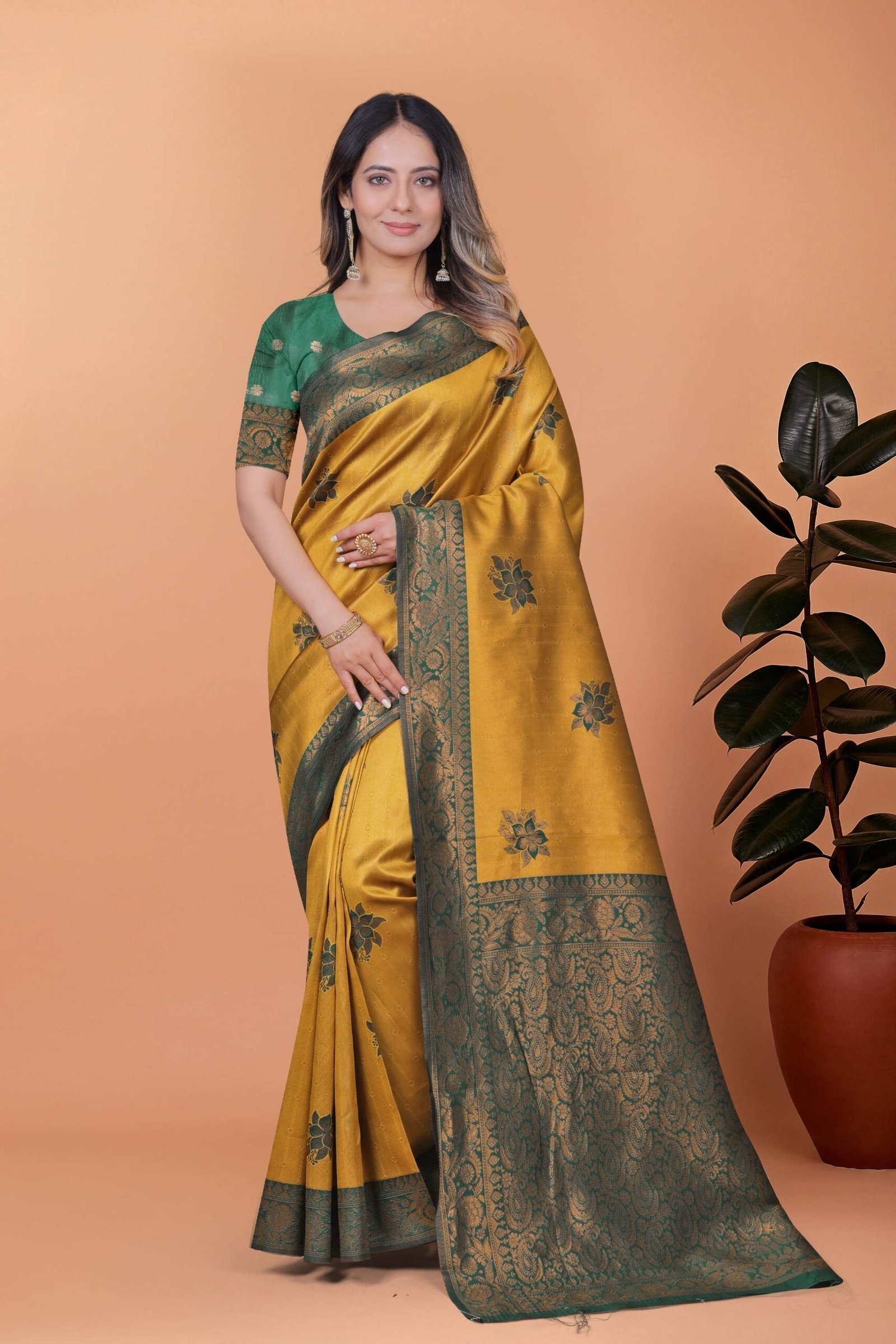 Golden Mustard Banarasi Silk Saree with Bottle Green Floral Accents & Blouse | Wedding, Haldi, Festive & Party Wear