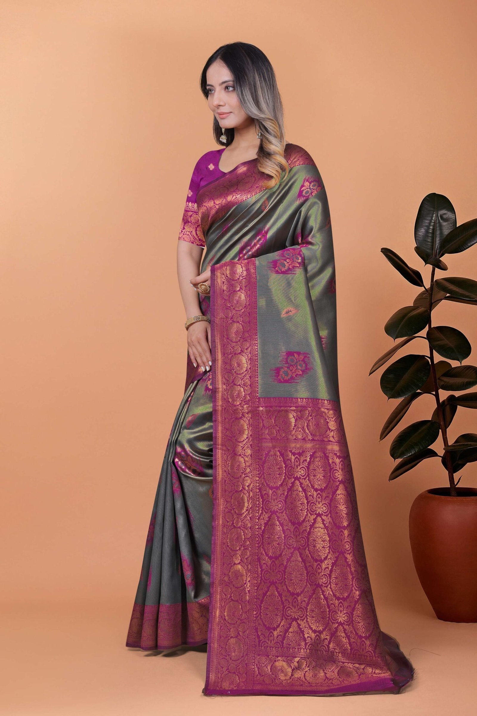 Graceful Grey-Green Banarasi Silk Saree with Magenta Zari Border & Blouse | Wedding, Festival & Party Wear