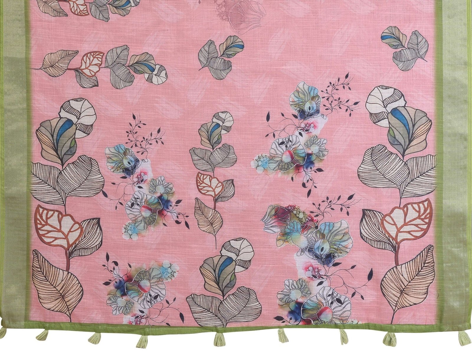 Graceful Pastel Pink Linen Cotton Saree with Multicolor Floral Prints & Green Tassel Border