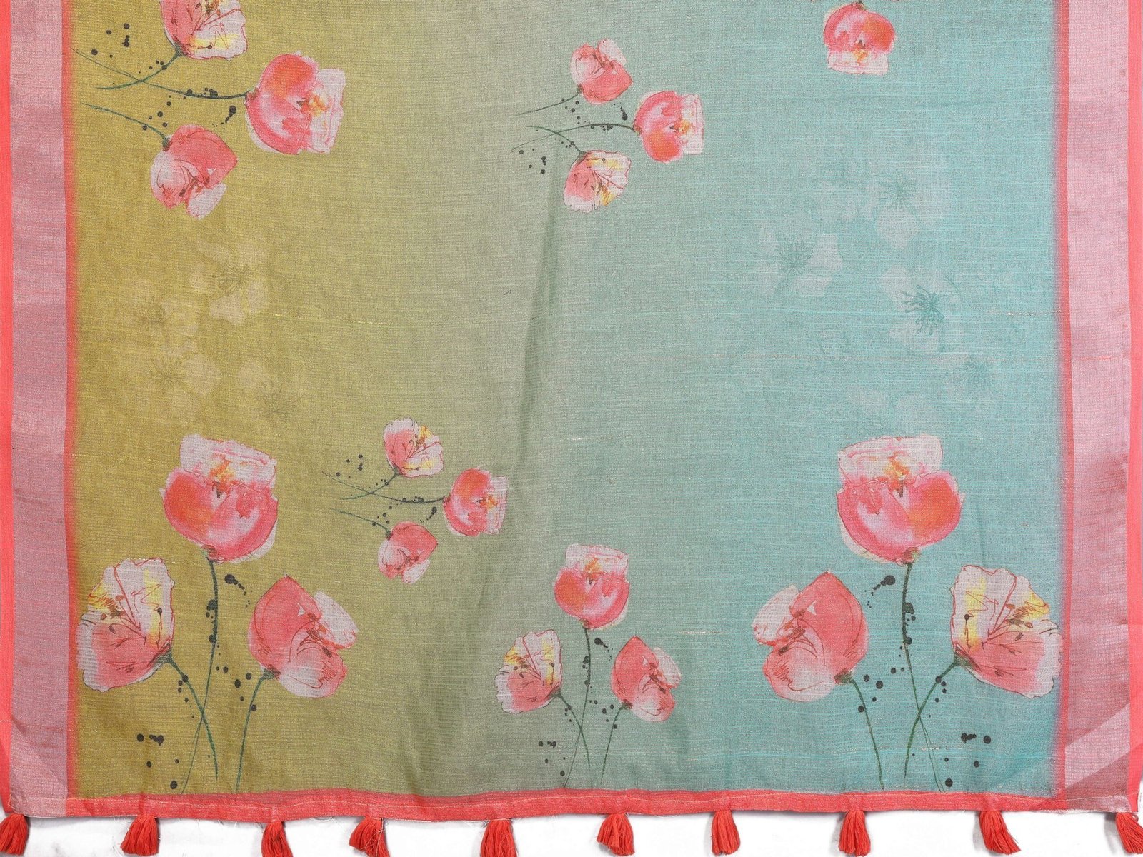 Green & Aqua Floral Print Linen Shimmer Saree