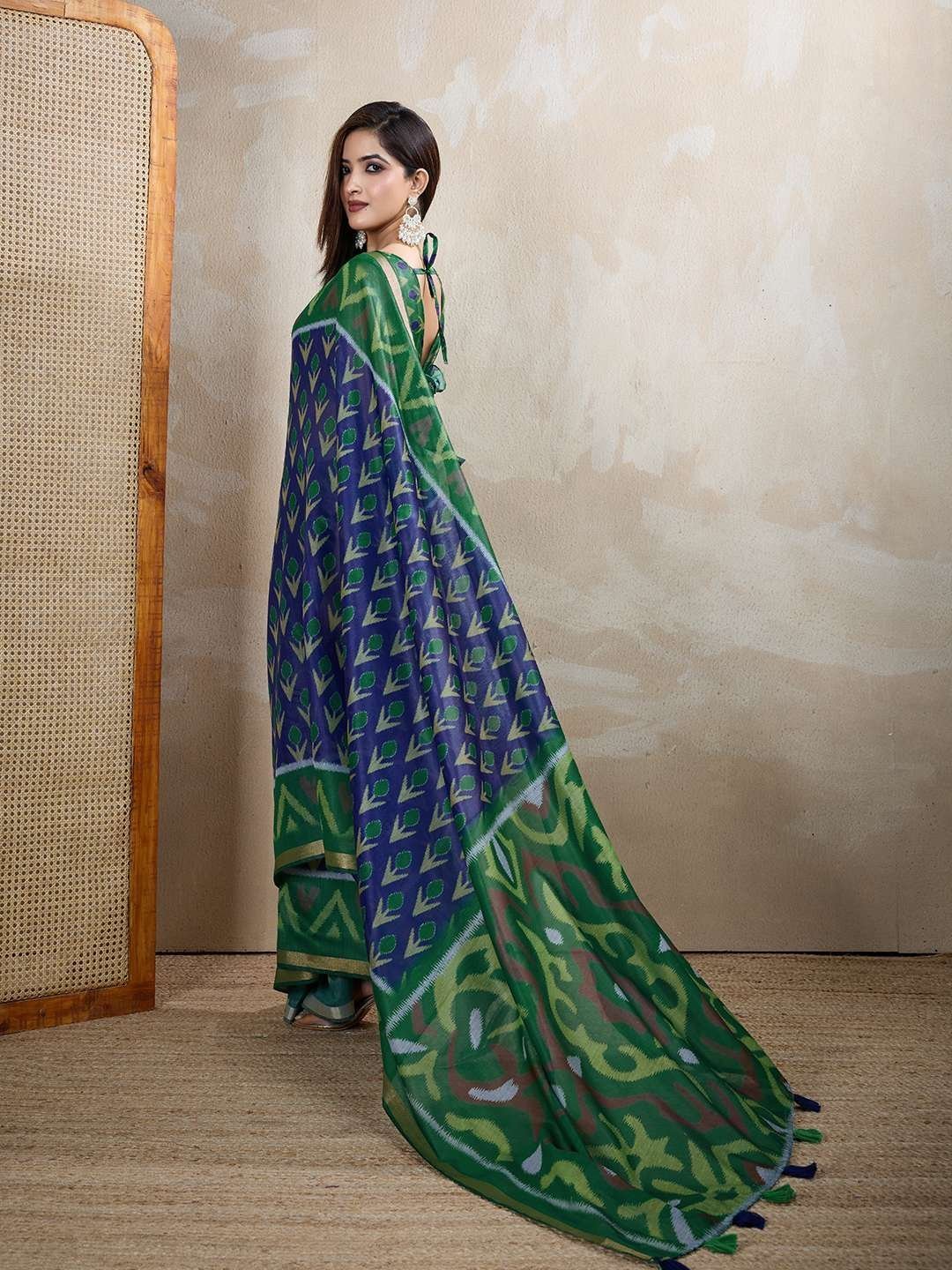 Green & Blue Ikat Printed Chanderi Saree ? Elegant Festive & Wedding Wear
