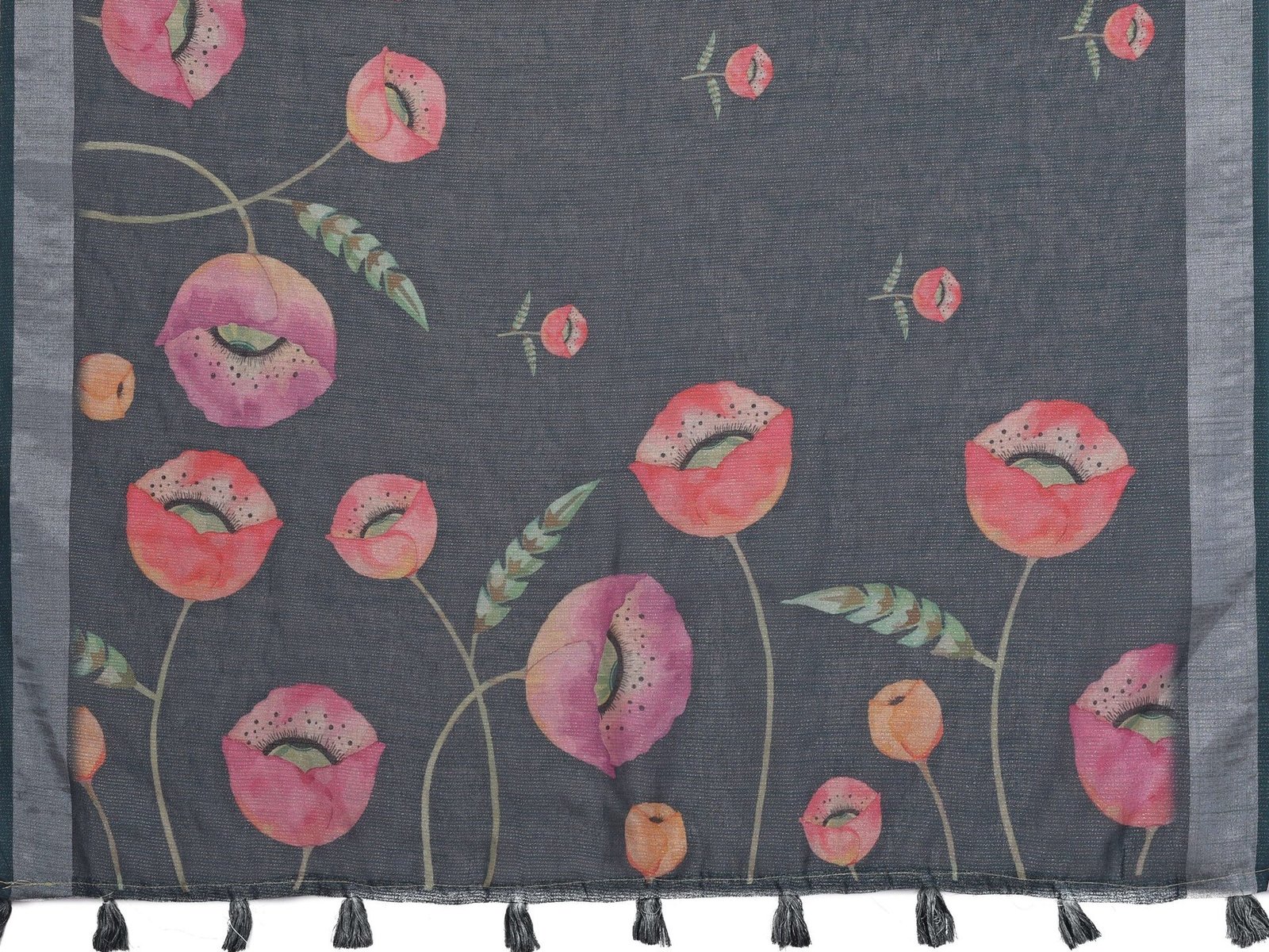 Grey Floral Linen Shimmer Saree with Pink & Peach Prints ? Elegant Festive Wear