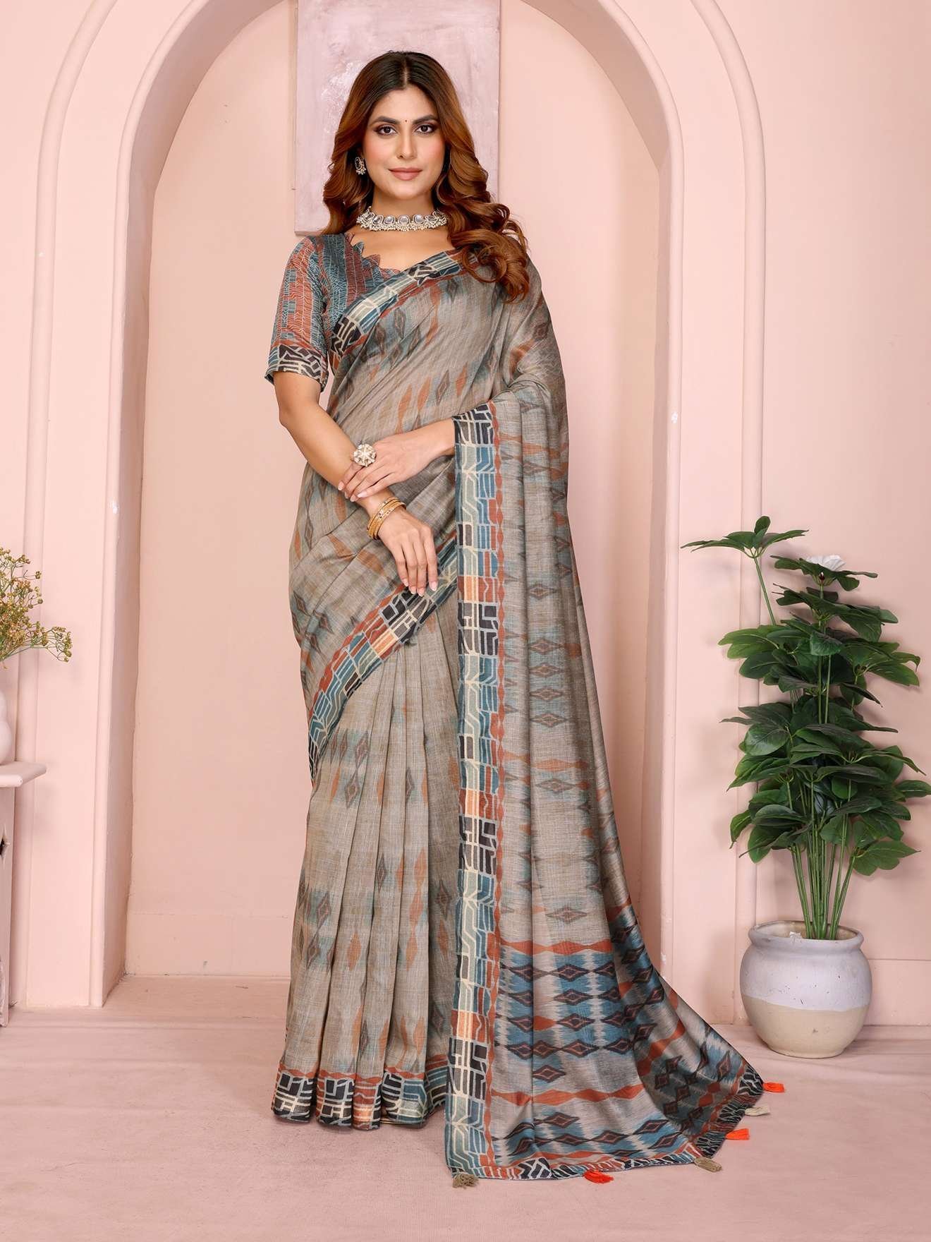 Grey & Rust Black Chanderi Saree ? Tribal-Inspired Digital Prints with Geometric Tassel Pallu