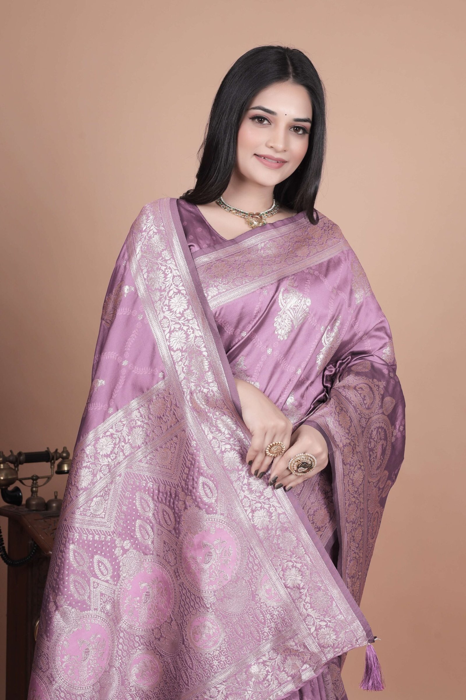 Lavender Banarasi Silk Saree with Silver Zari | Floral & Paisley Motifs | Wedding, Festive & Traditional Wear